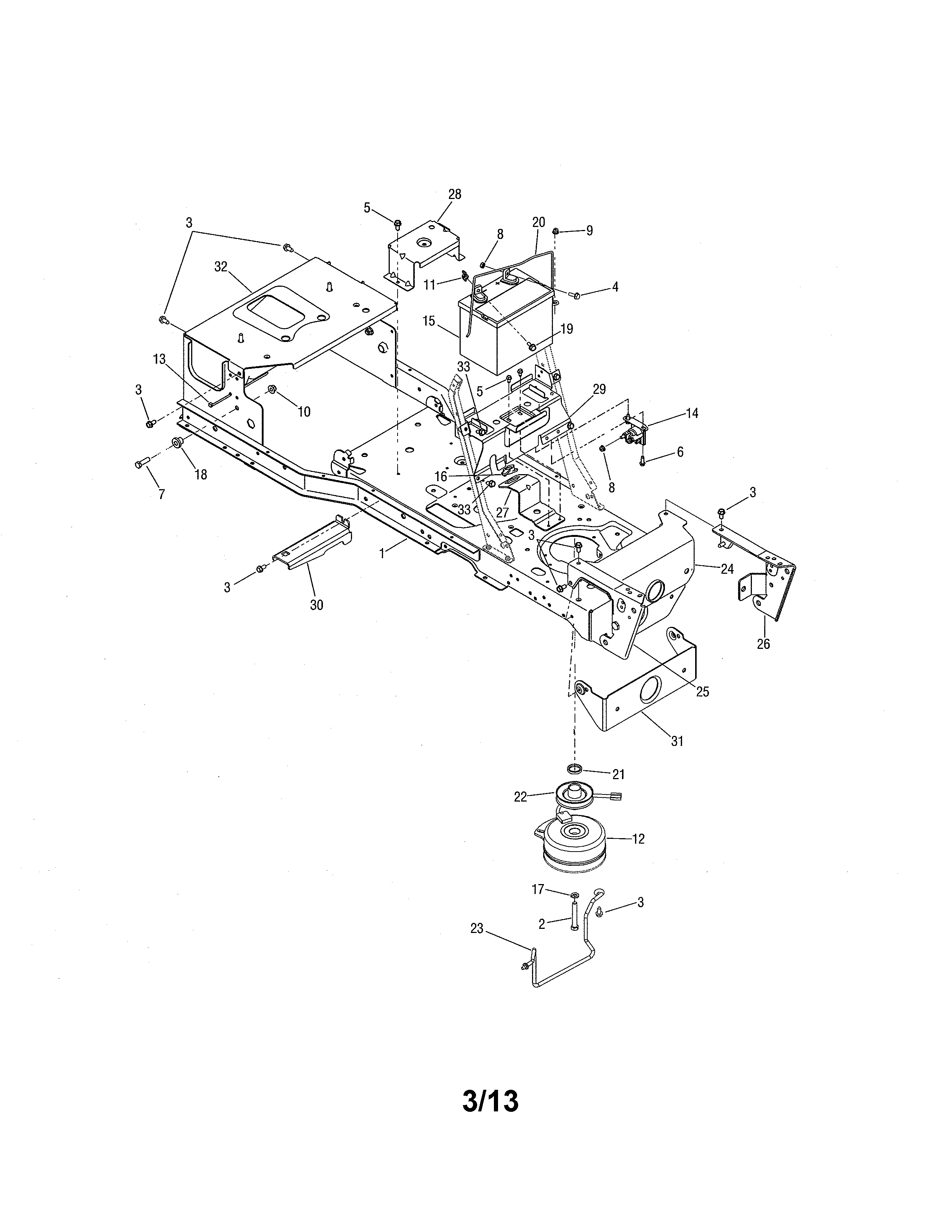 MTD 17AK9TKR099 frame/electric pto clutch/battery diagram
