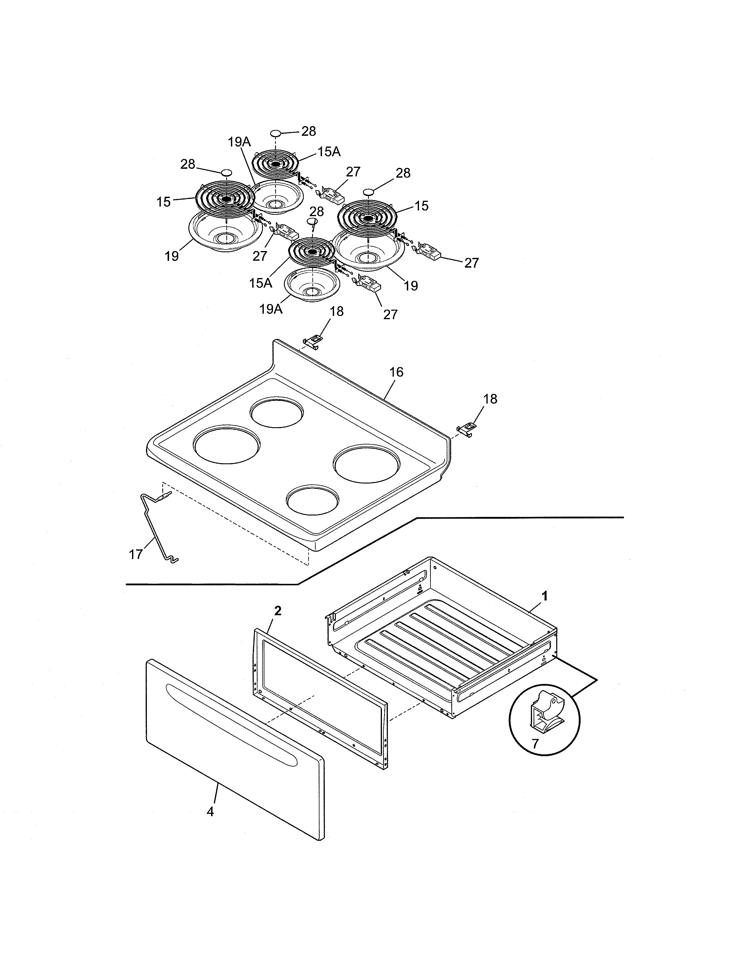 Frigidaire FEF356GSB top/drawer diagram