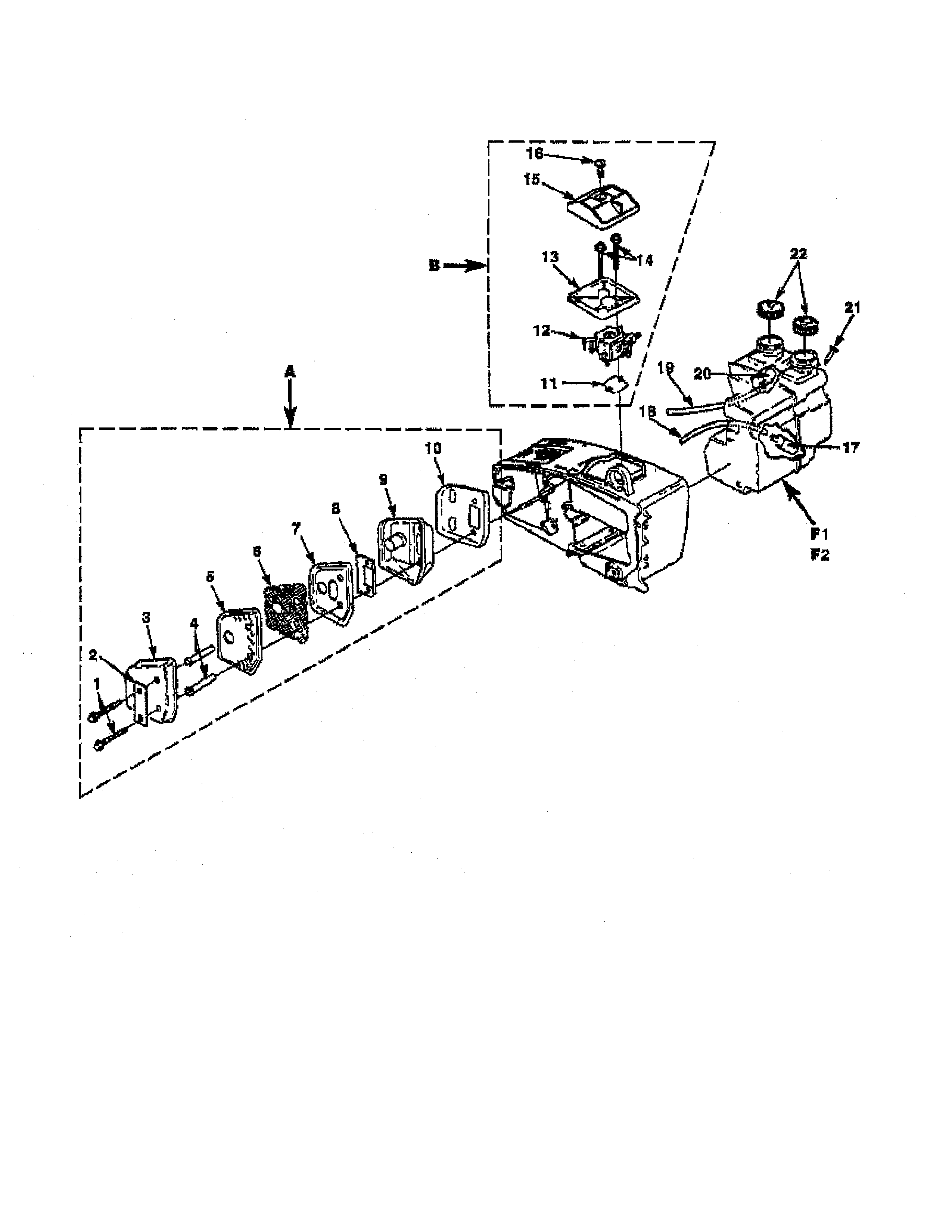 Homelite UT-10629 muffler/carburetor/tank diagram