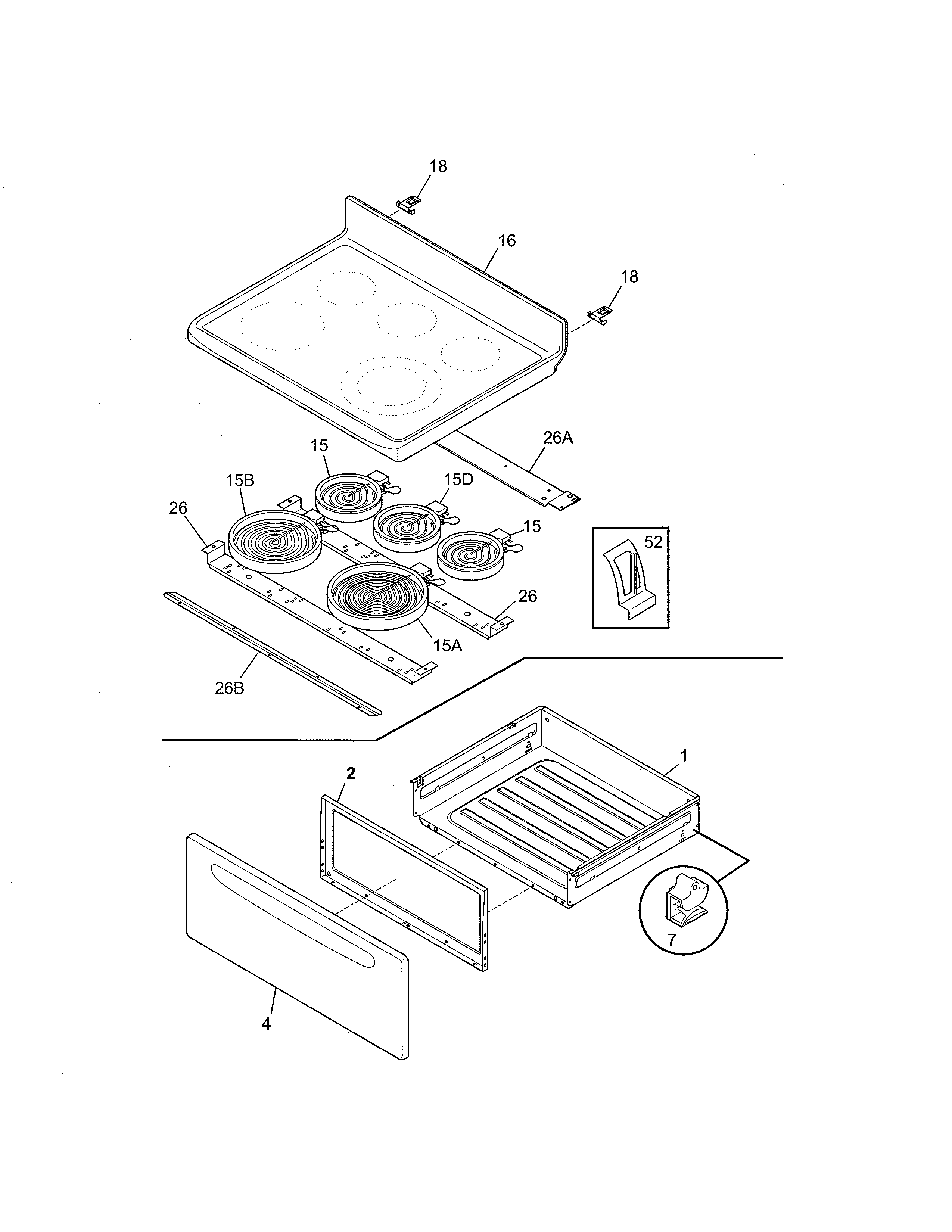 Frigidaire FEFB78DQJ top/drawer diagram