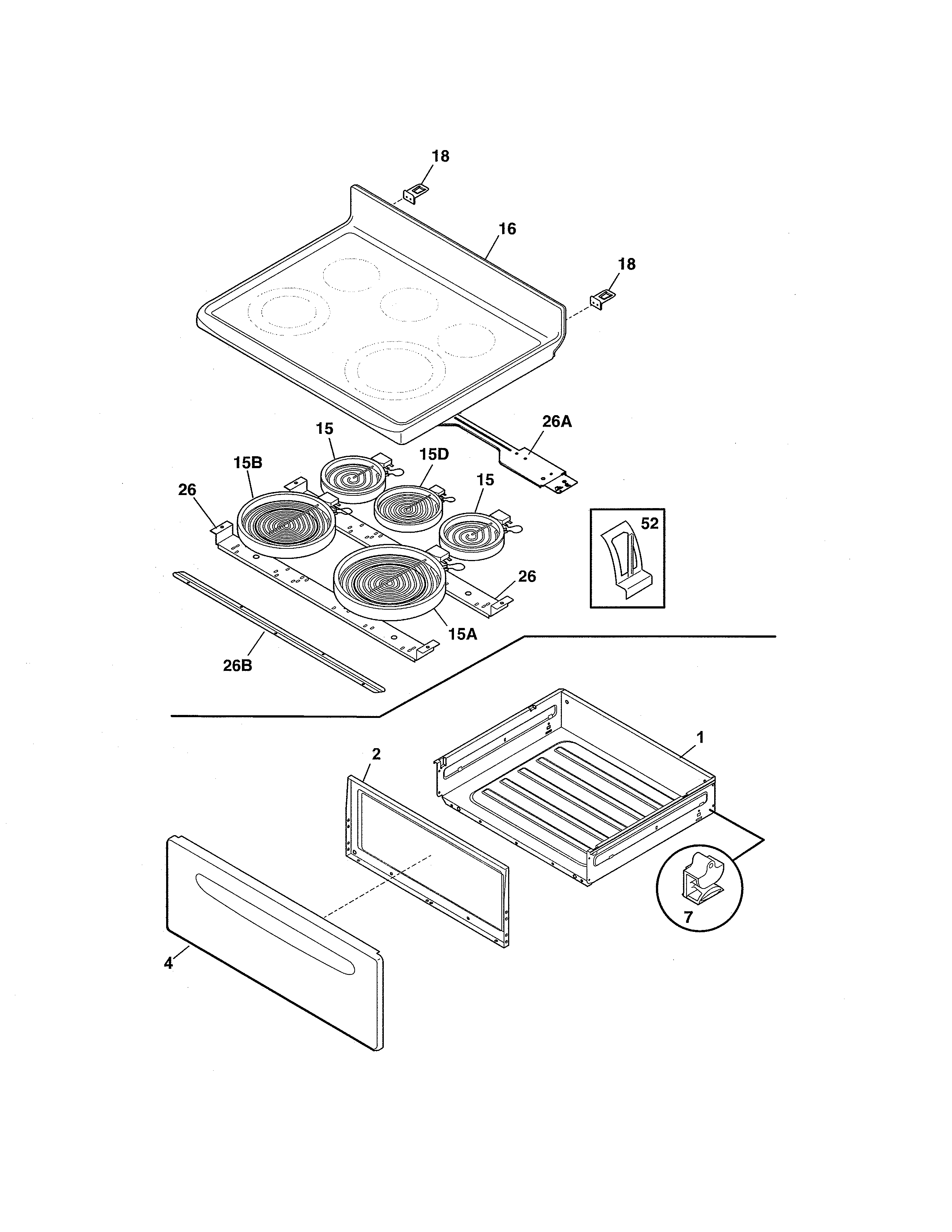 Crosley CRE3895PWA top/drawer diagram