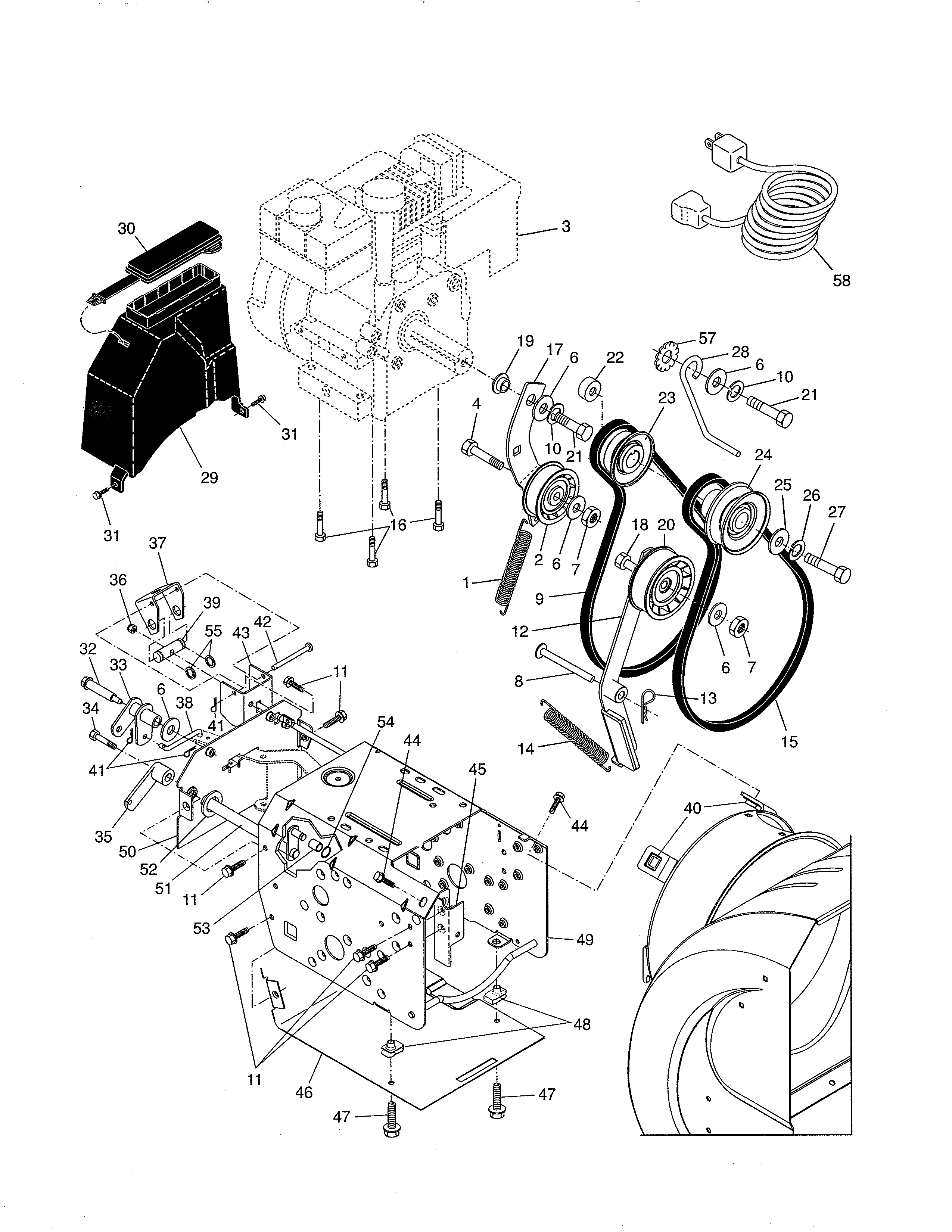 Poulan 96197000400 chassis/engine/pulleys diagram