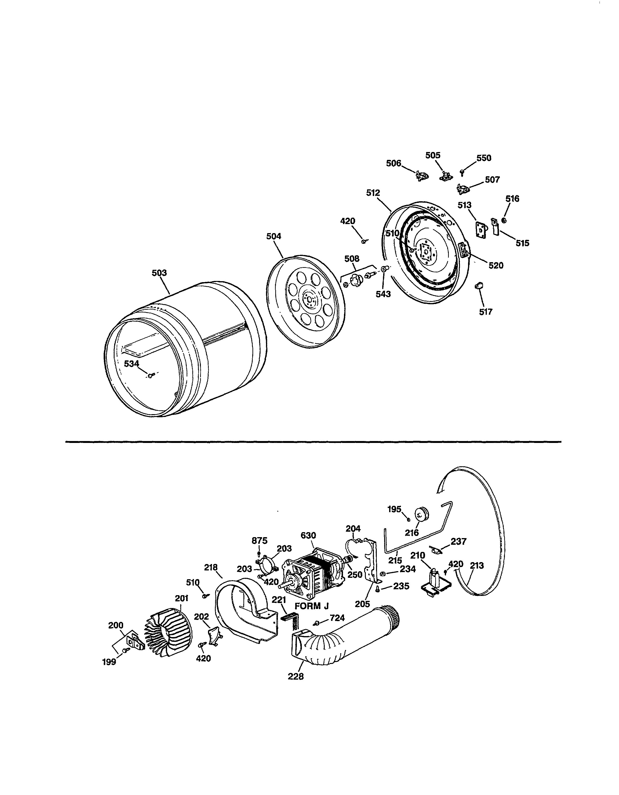Hotpoint NVLR333ET0WB drum/blower/drive diagram