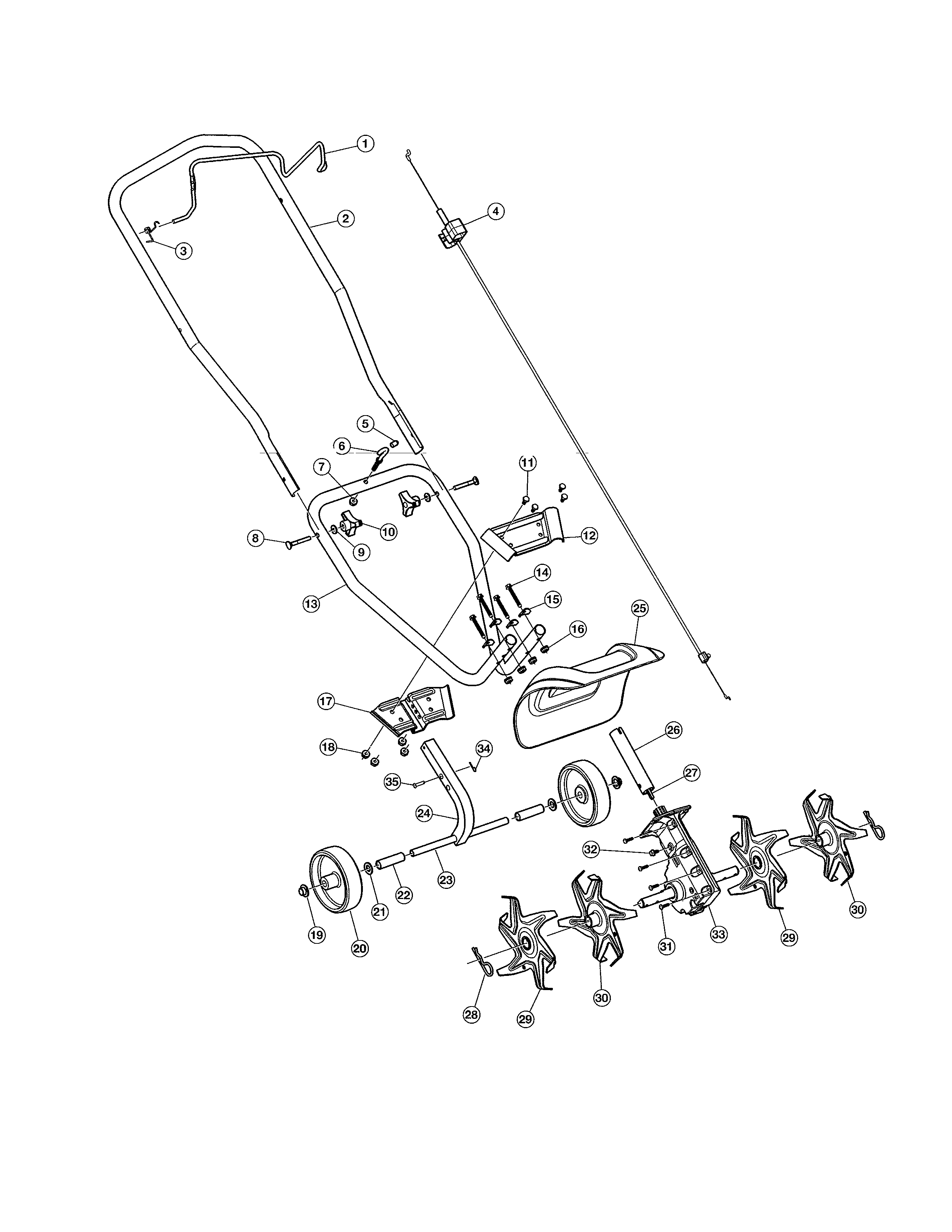 MTD 21AK125G900 handle/shield/tines diagram