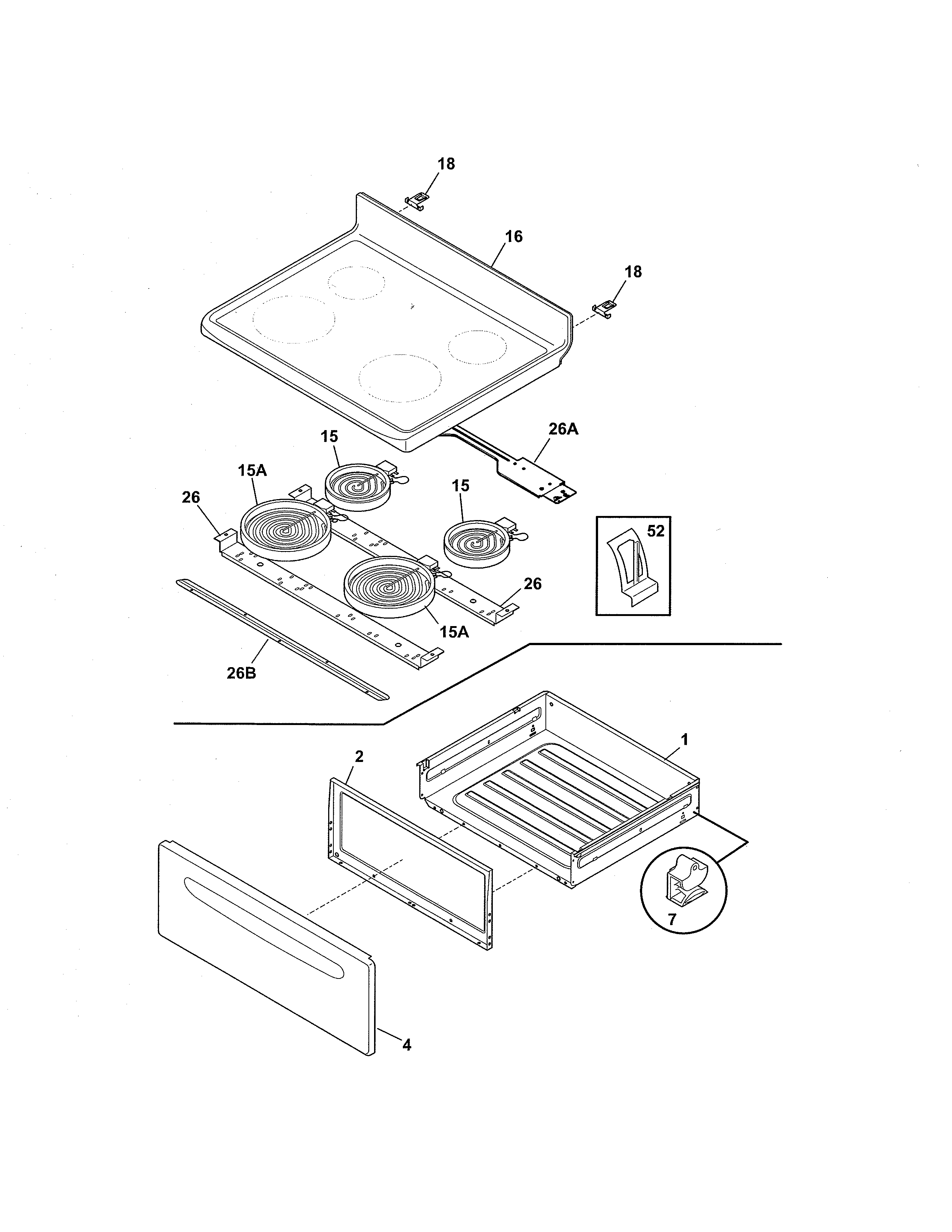 Frigidaire FEF366ESH top/drawer diagram