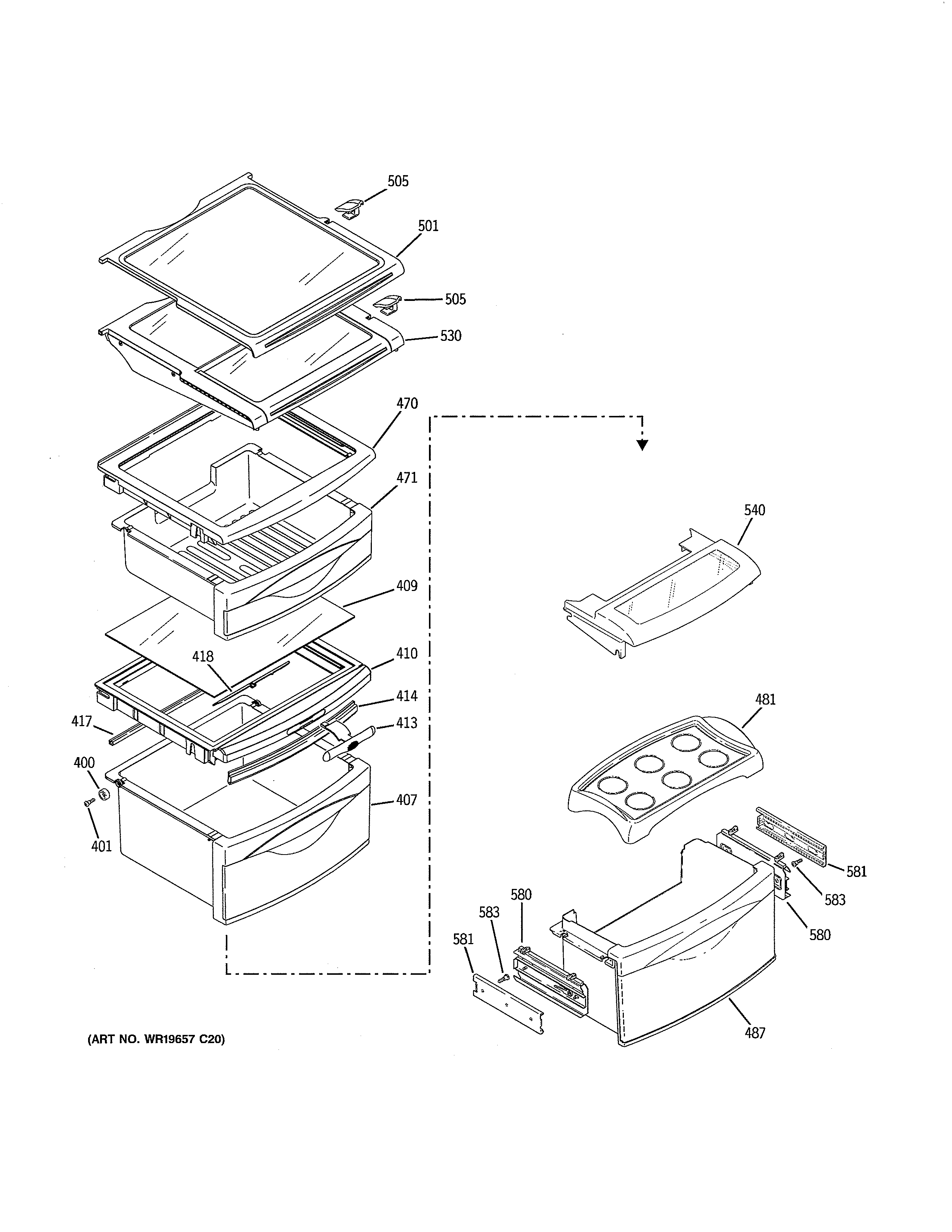 GE PSC23NSTESS fresh food shelves diagram
