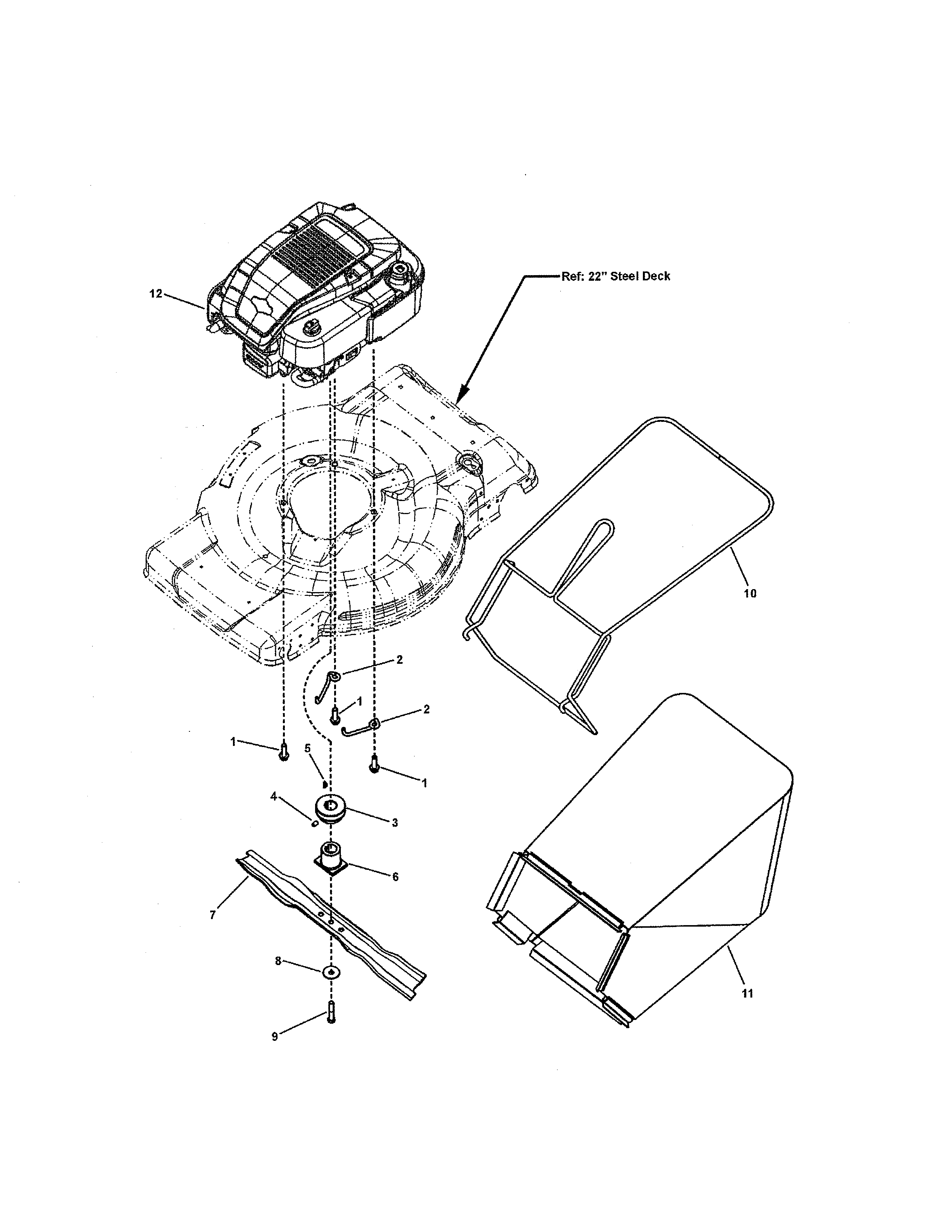 Snapper 7800722 (ENXT22875E) engine/blade/grass bag diagram