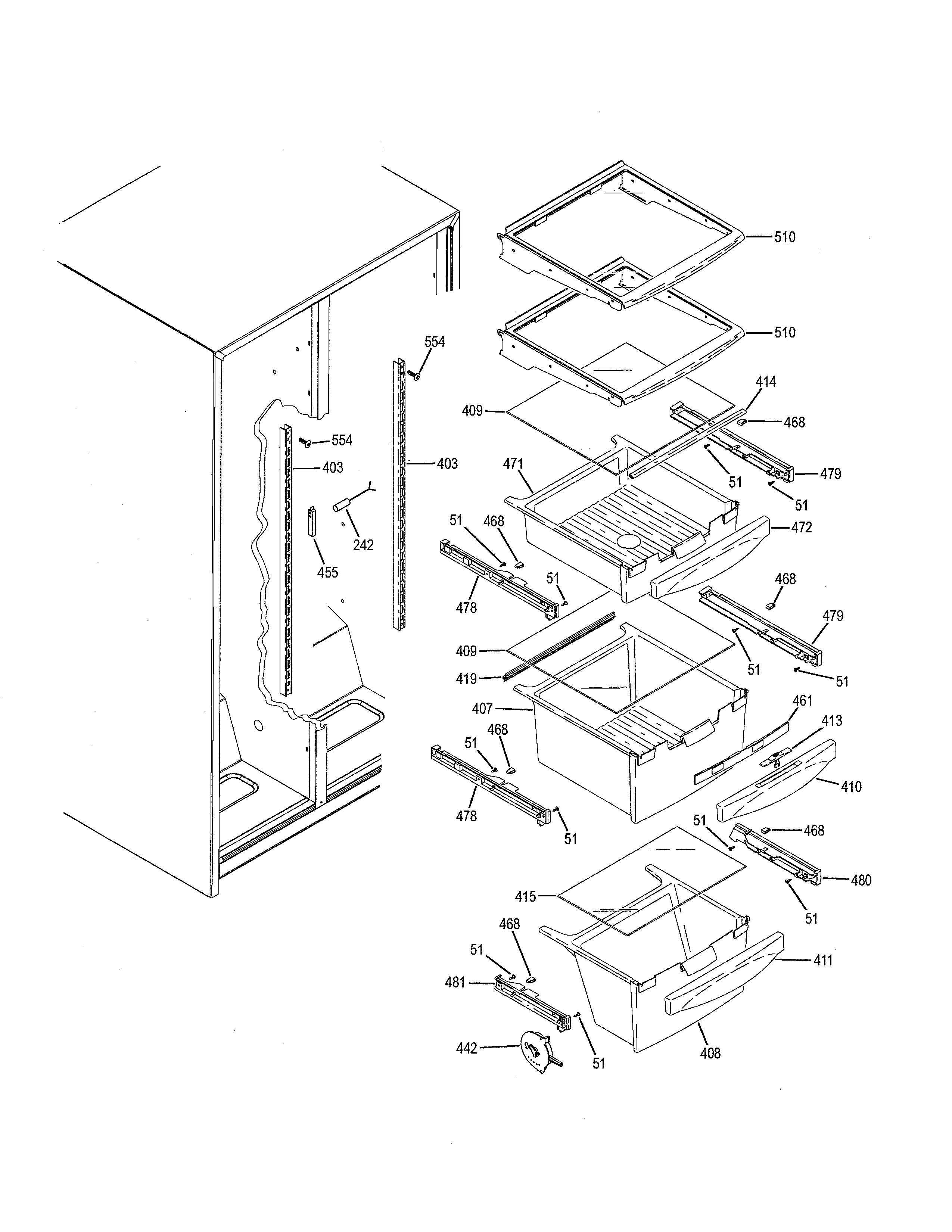 GE GSH25JGDDBB fresh food shelves diagram