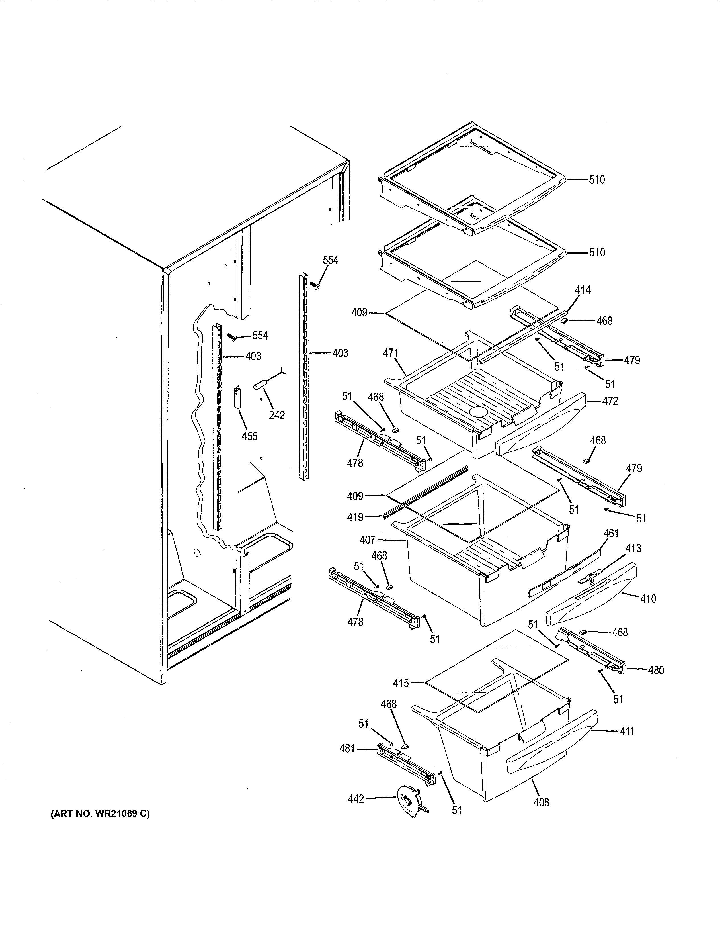 GE GSH25JGDDWW fresh food shelves diagram