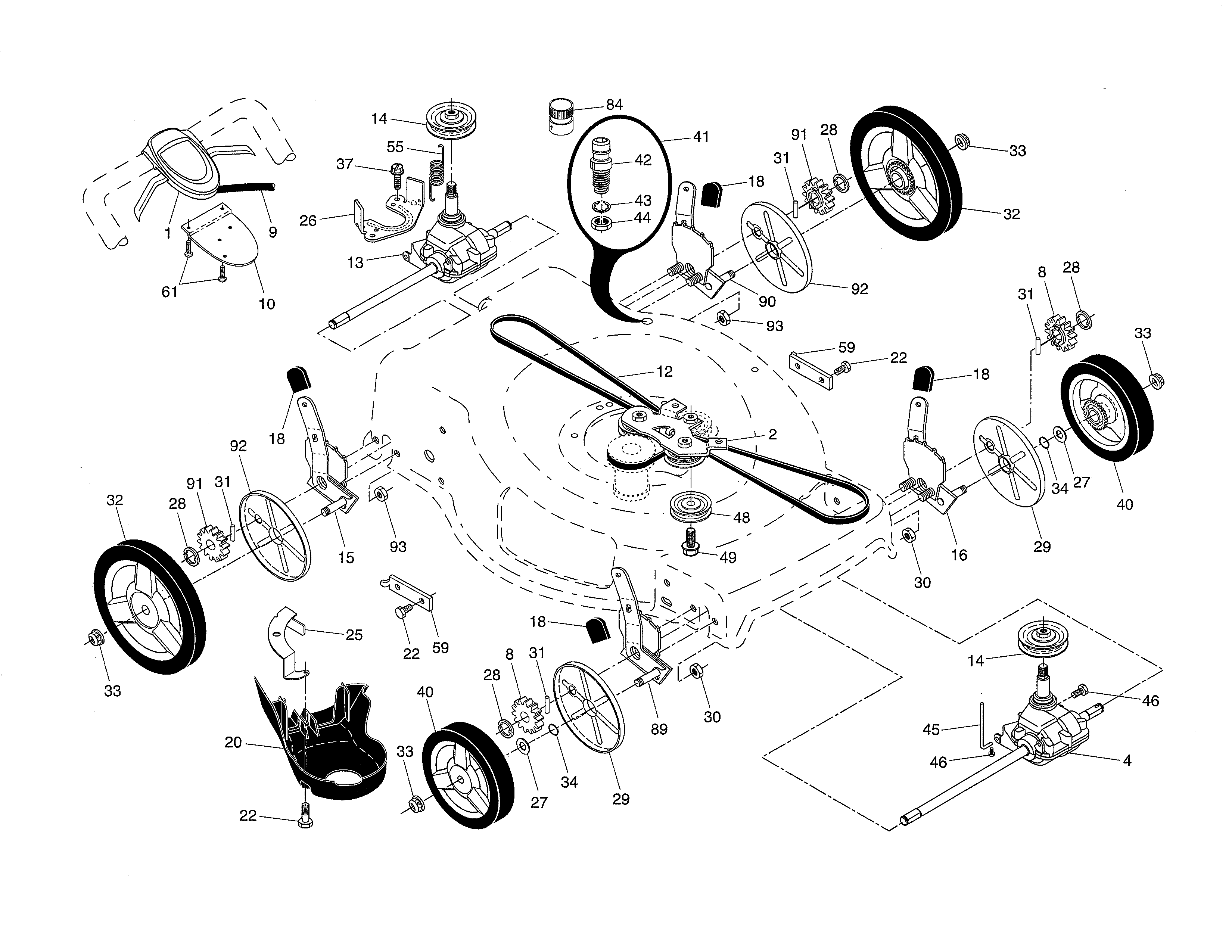 Husqvarna 96145001901 drive control/gear case/wheels diagram