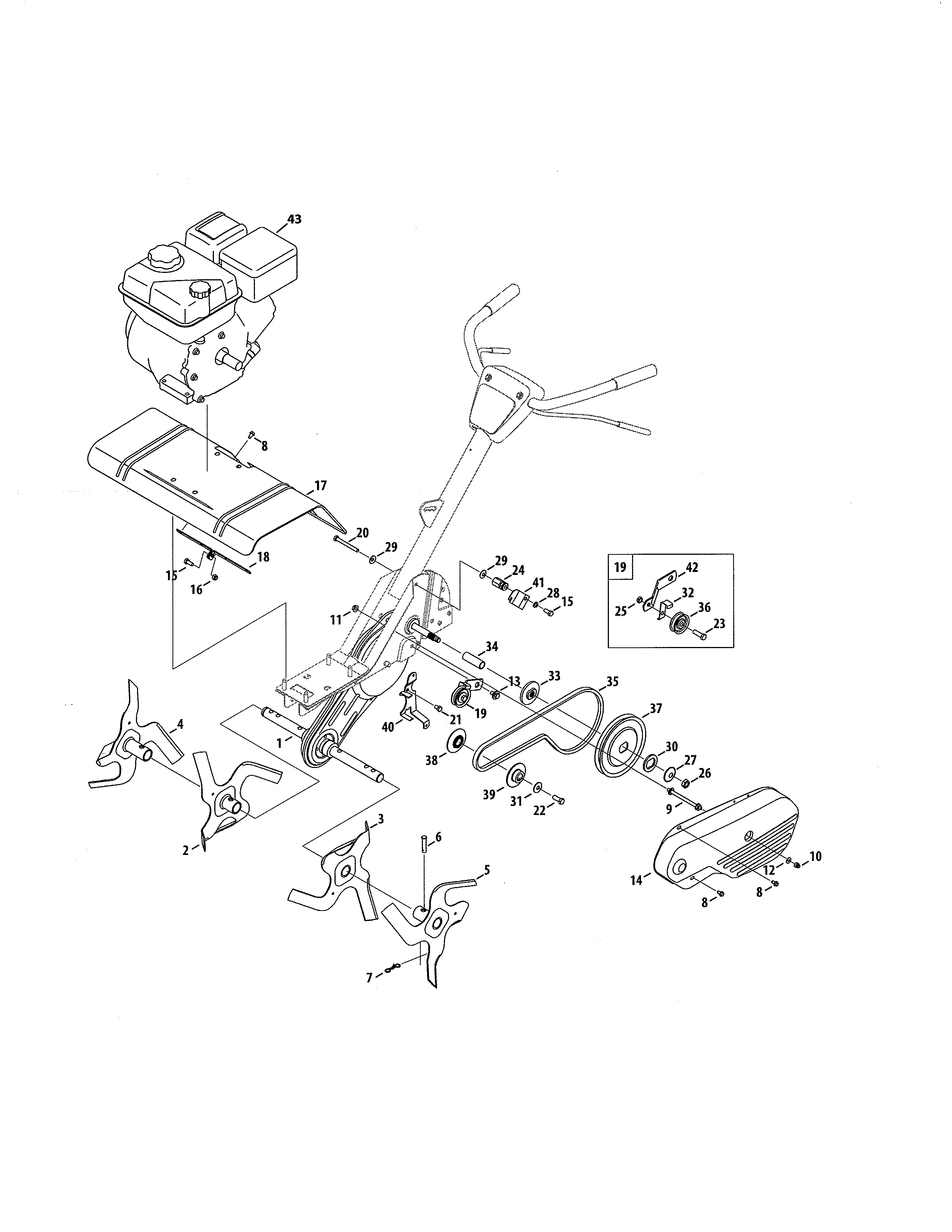 MTD 21A-34M8799 engine/tines diagram