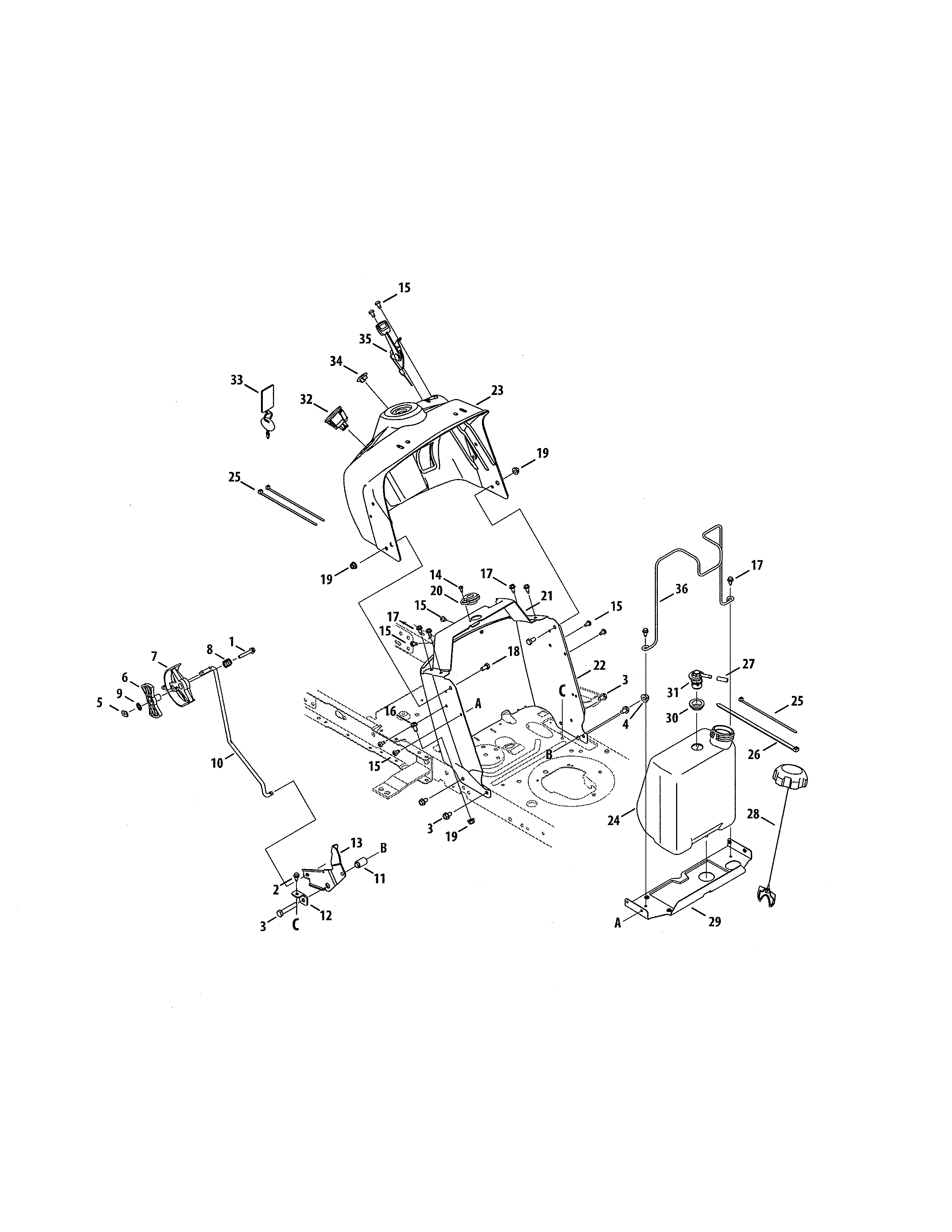 MTD 13AD78XS099 upper dash panel/fuel tank diagram