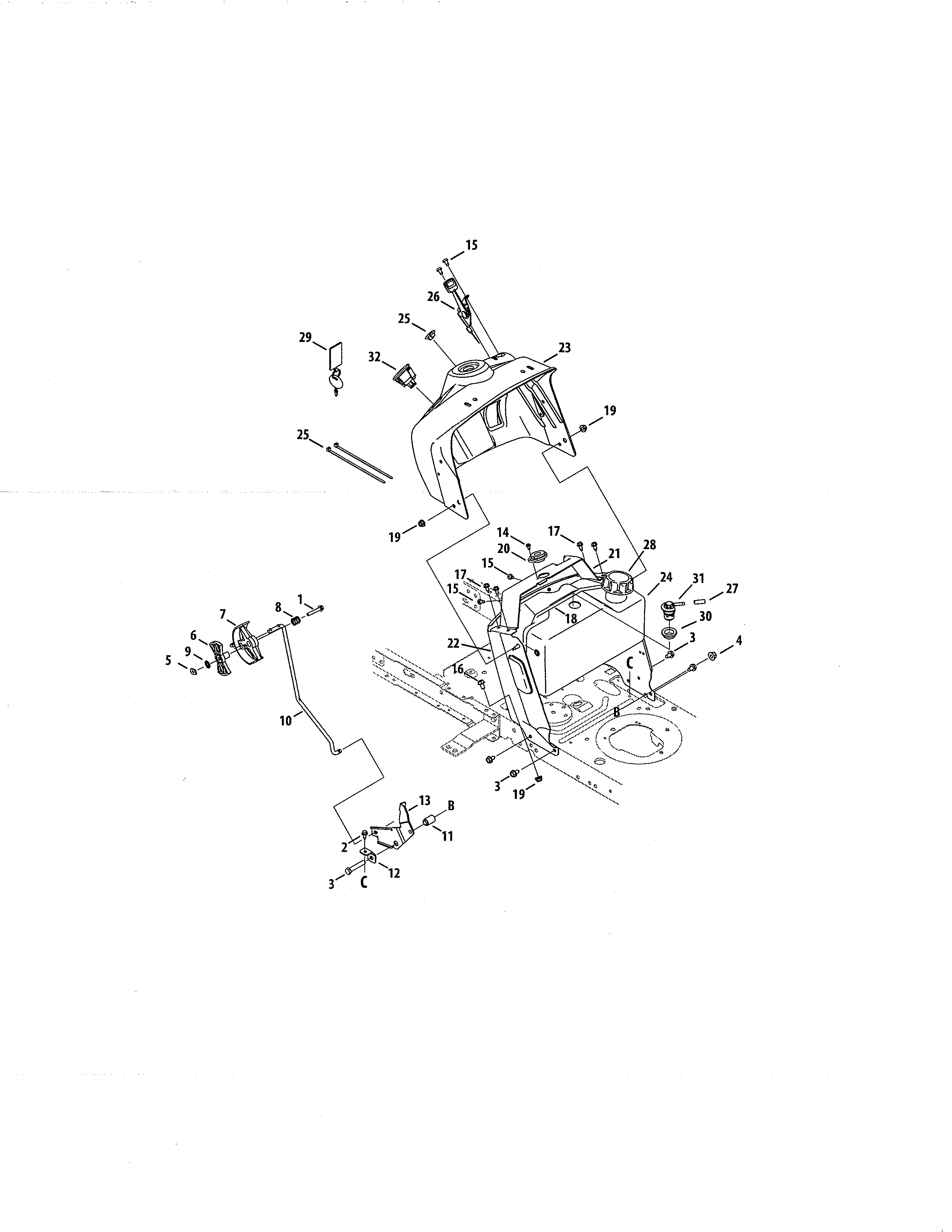 MTD 13AP78XS099 upper dash panel/fuel tank diagram