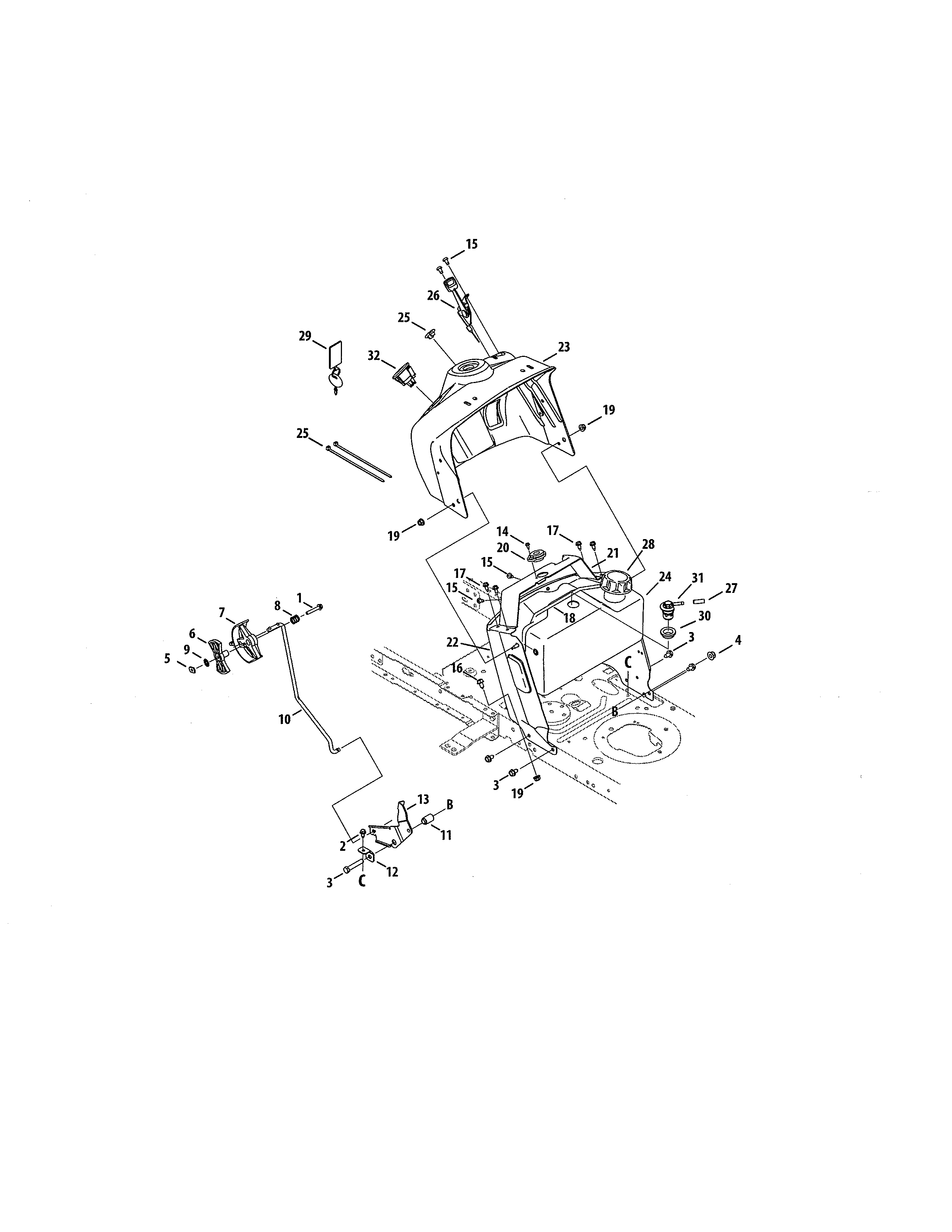 MTD 13AP79XT099 upper dash panel/fuel tank diagram