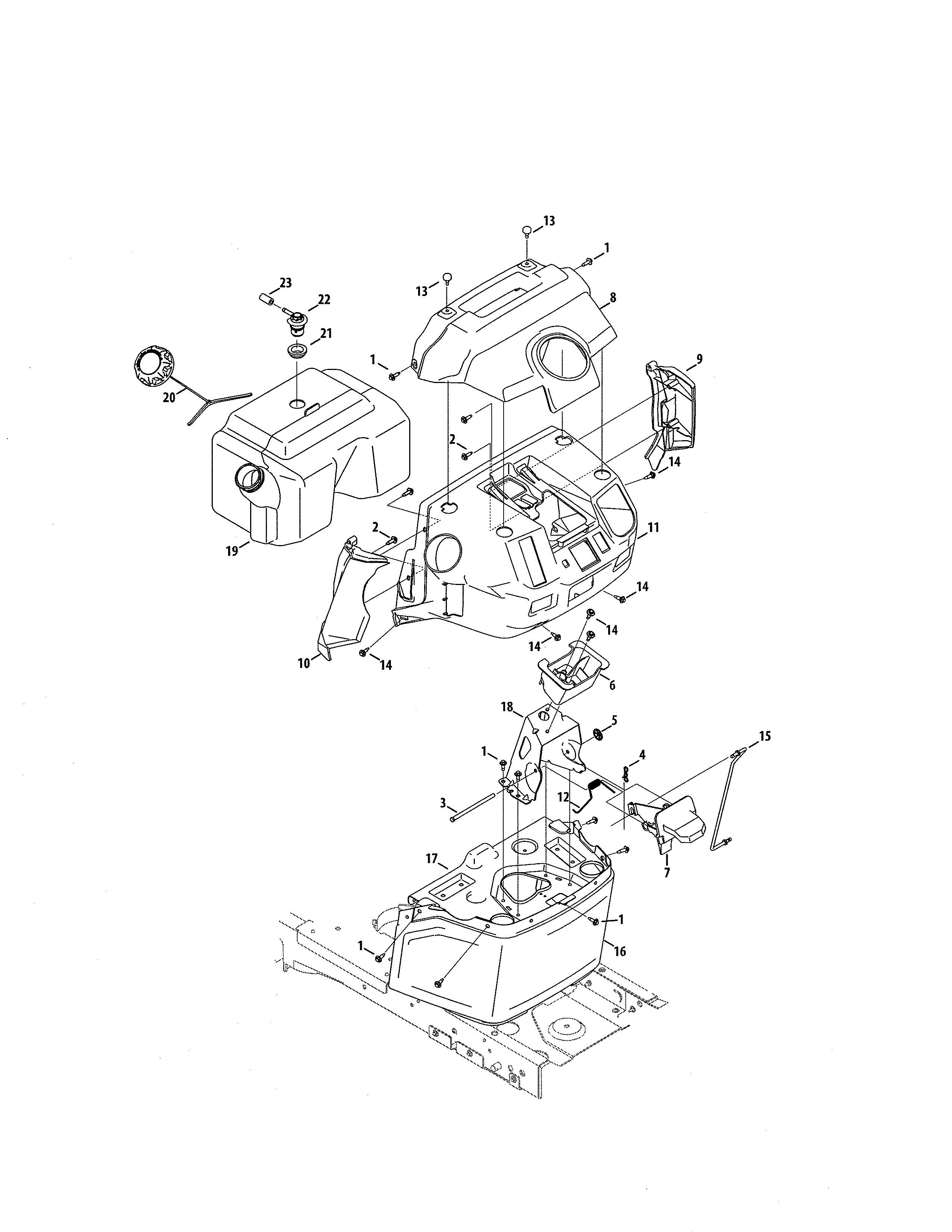 MTD 13A7A1ZW099 fuel tank/upper dash diagram