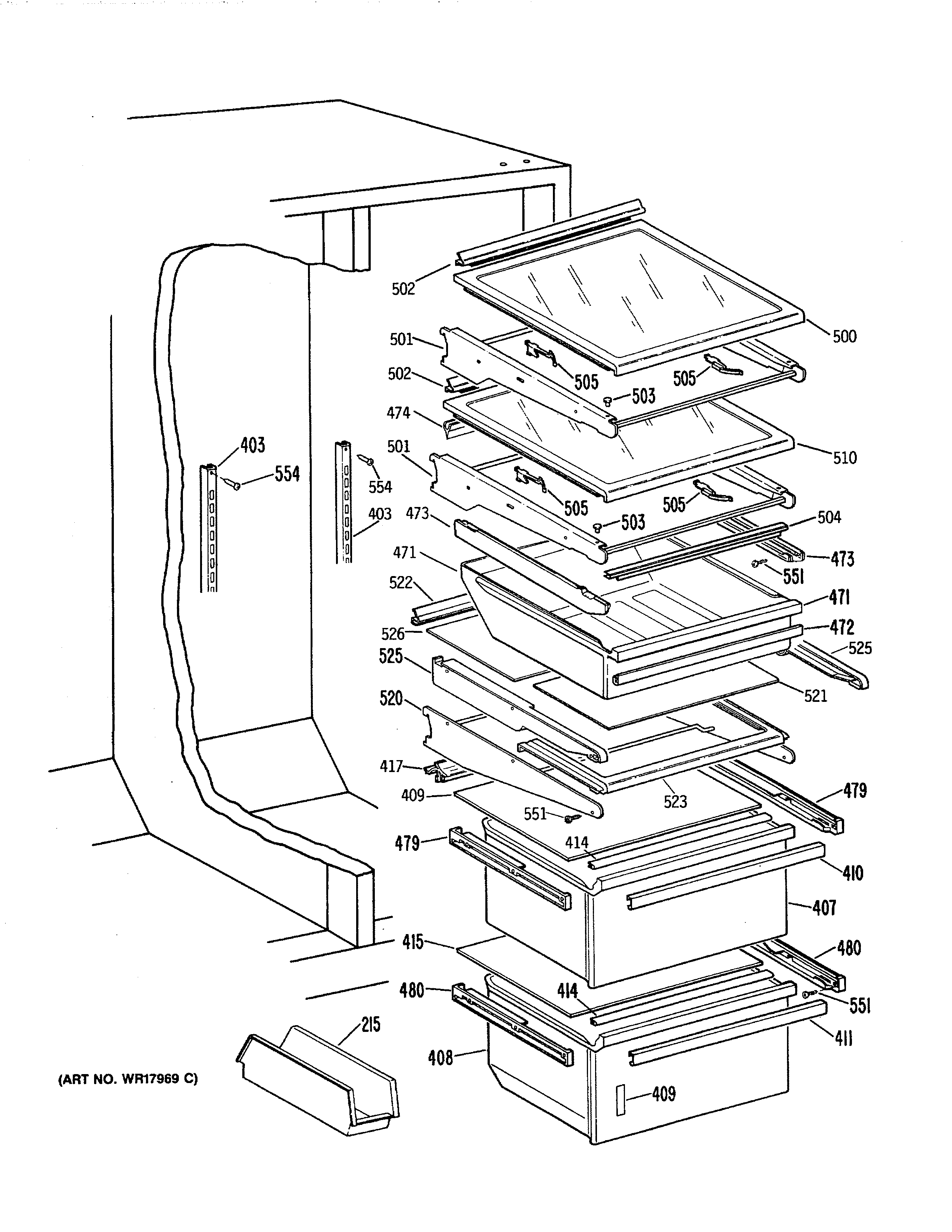 GE TFHW24RRAWH fresh food shelves diagram