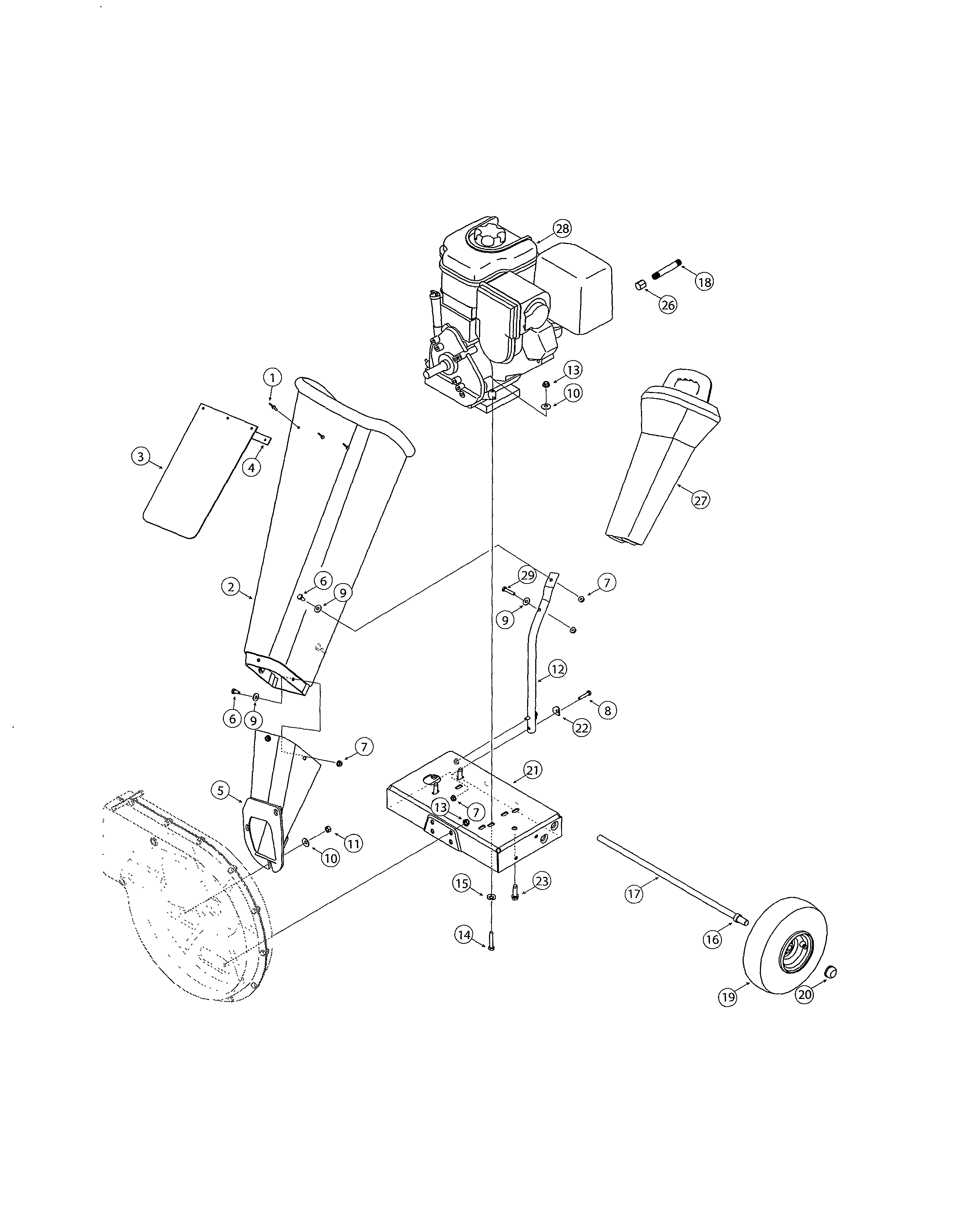 MTD 24A464N799 engine/chute/frame diagram