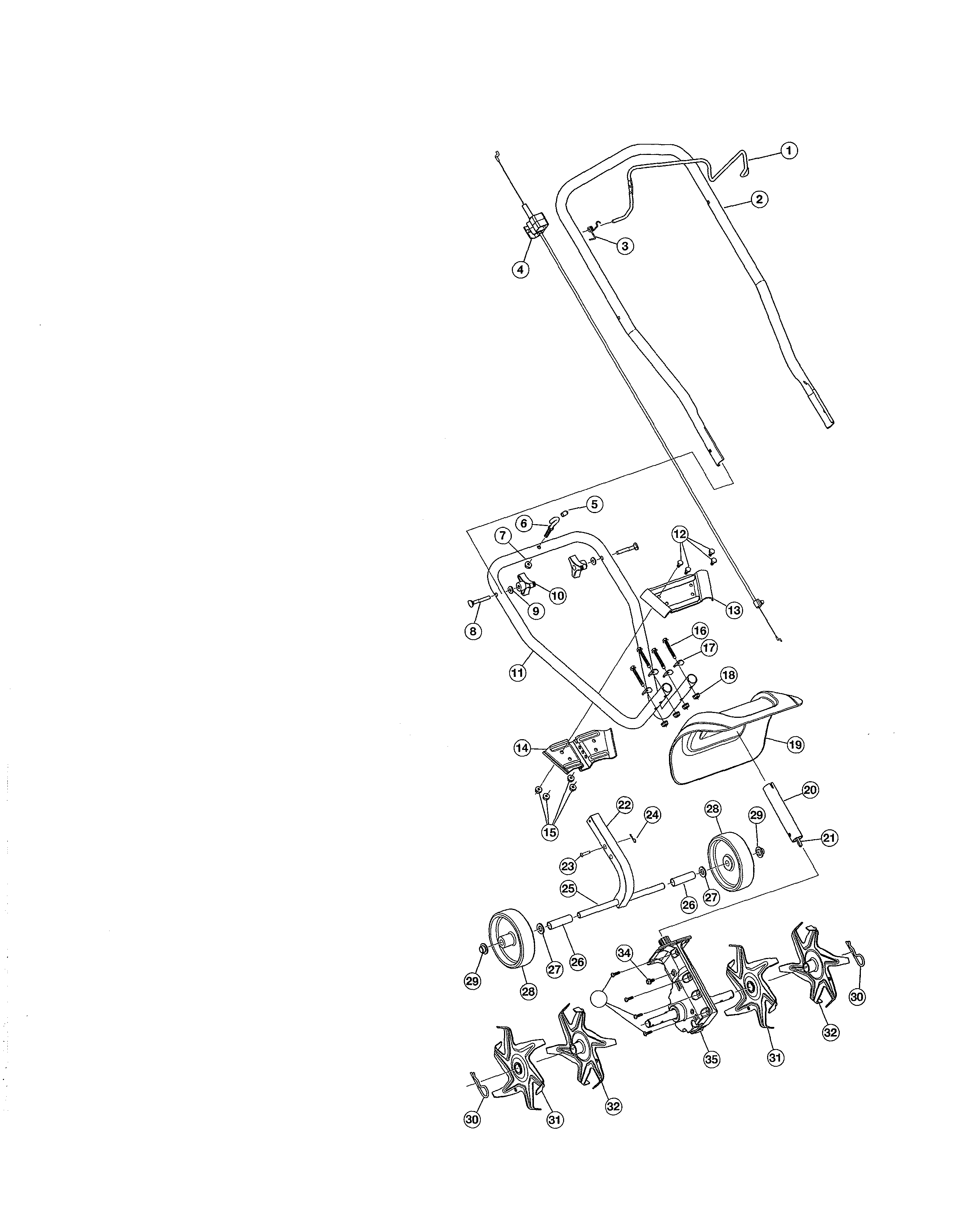 MTD 21BK125G983 handle/gearbox/tines diagram