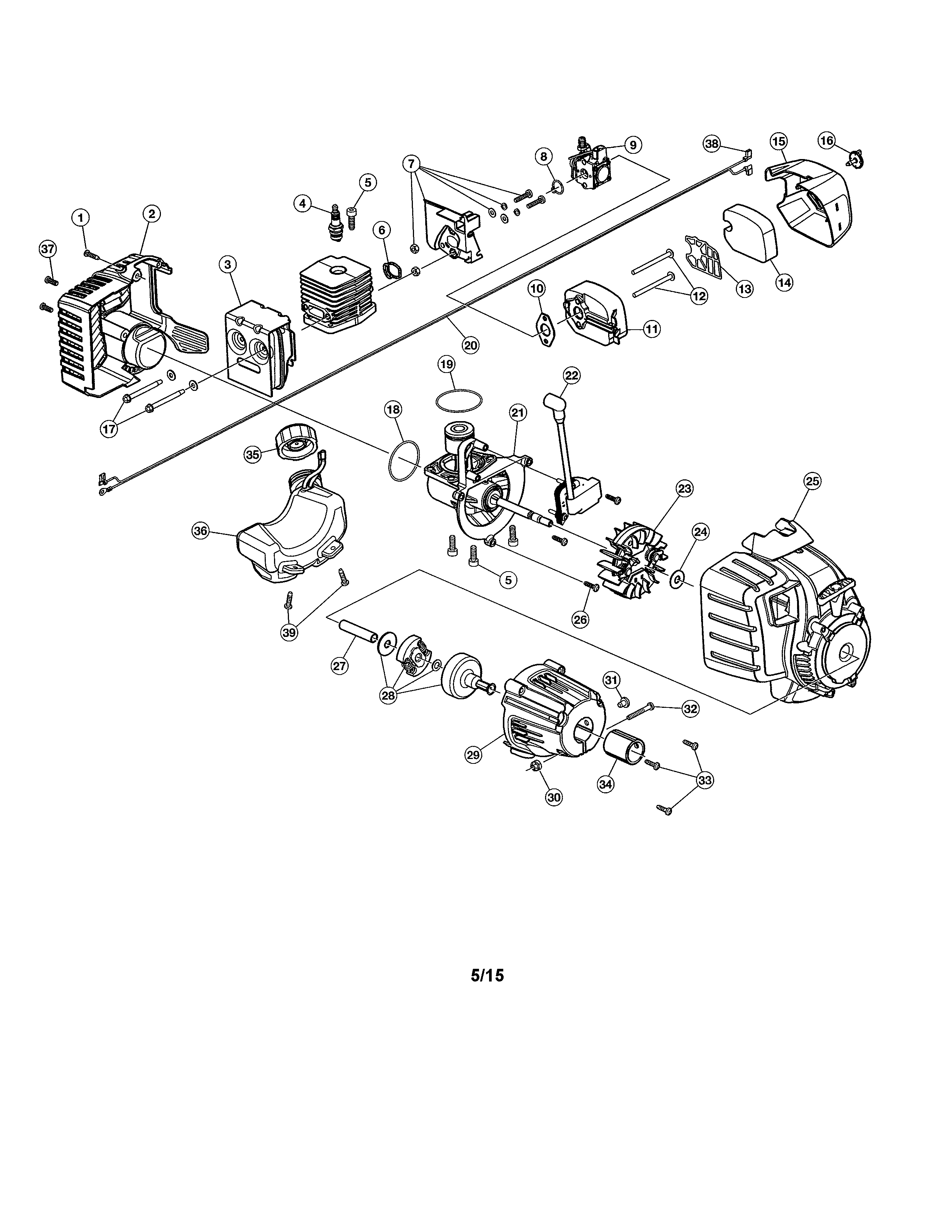 MTD 21AK125G983 shortblock/muffler/fuel tank diagram