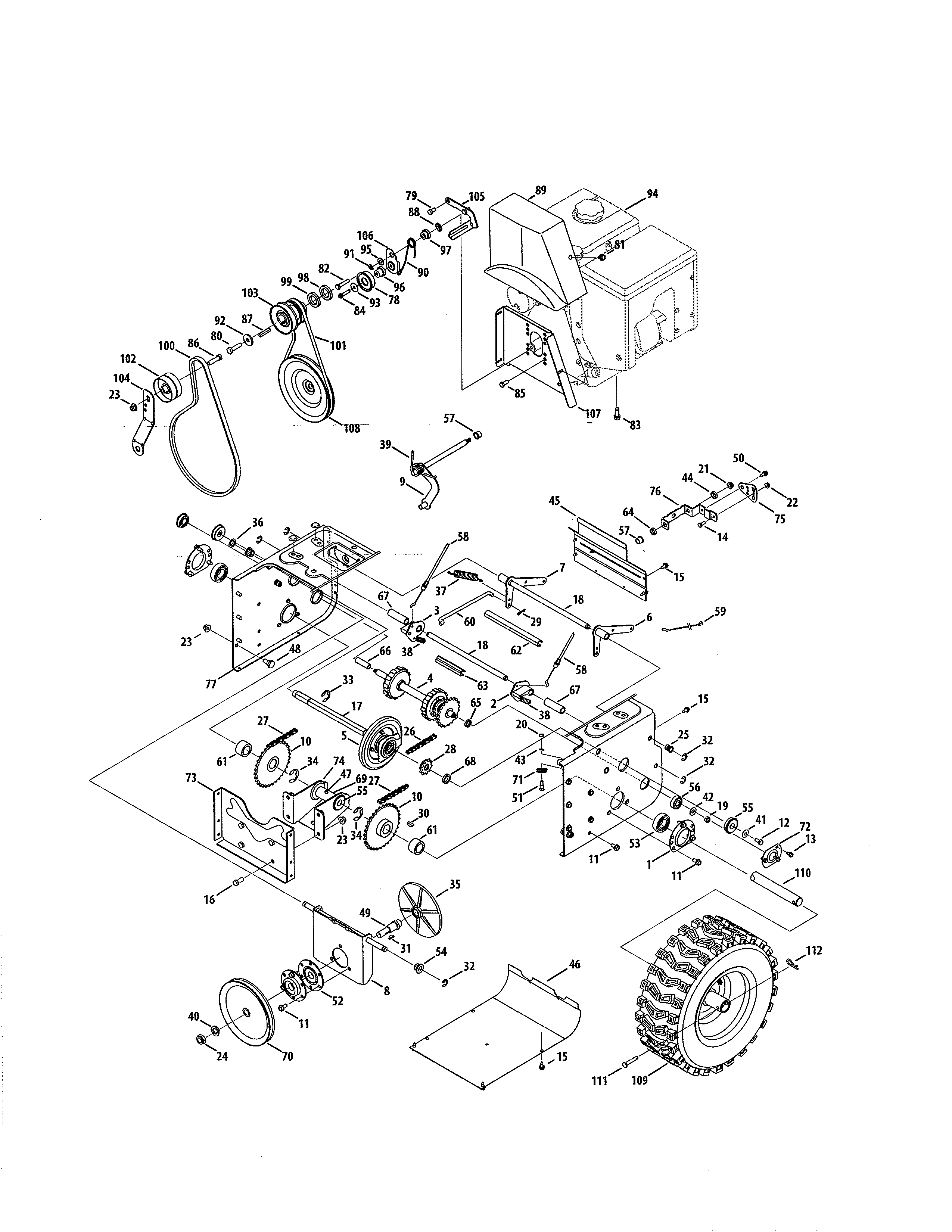 Craftsman 247888760 wheels/engine/pulleys diagram