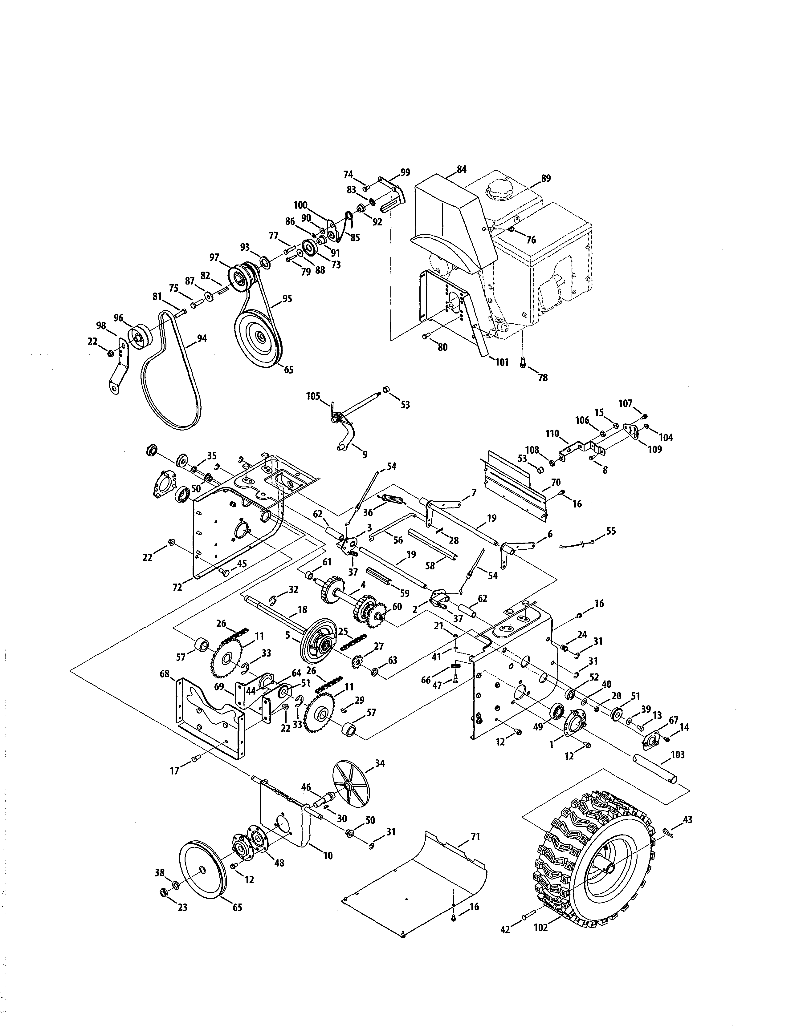 Craftsman 247888780 wheels/engine/pulleys diagram