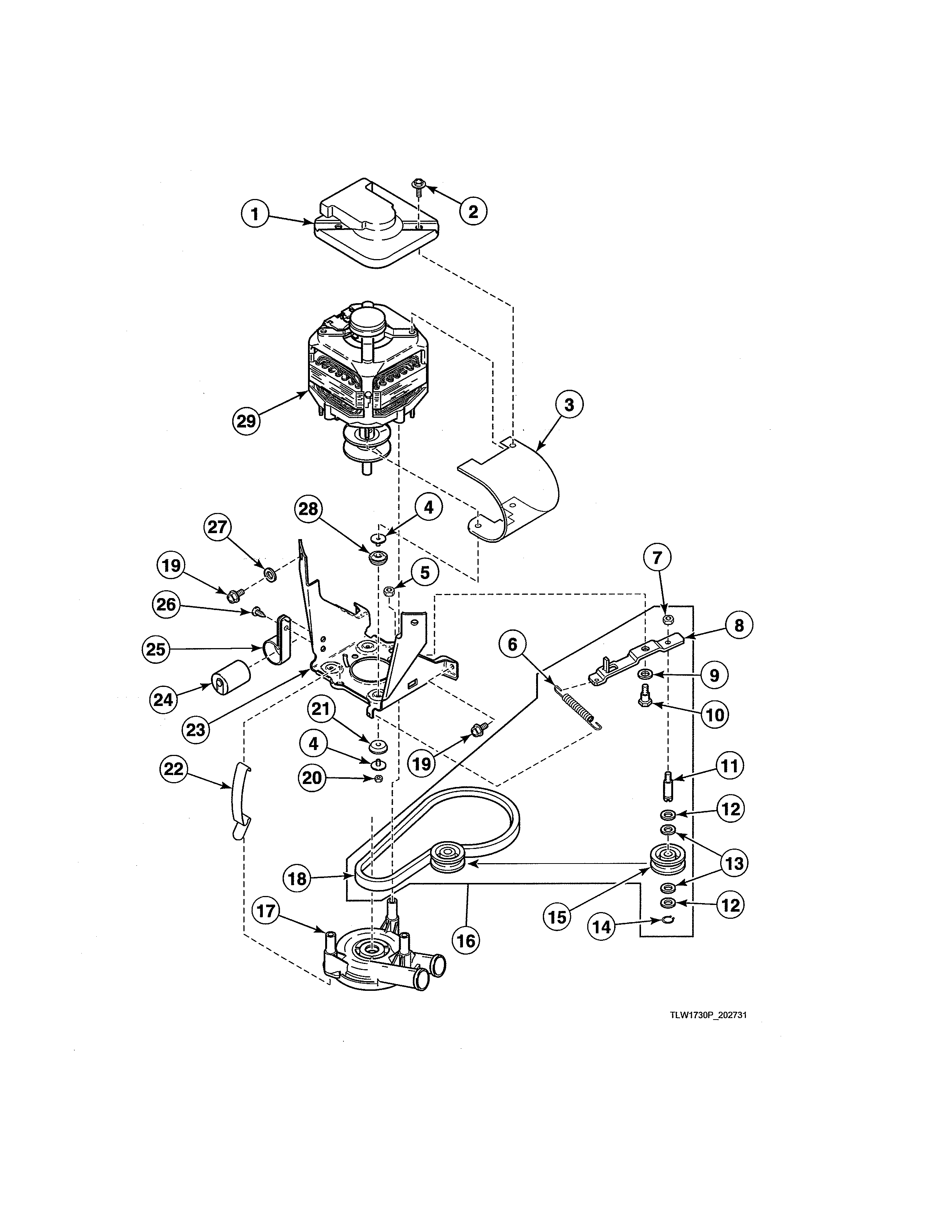 Alliance SWNLX1SP122DW01 motor/belt/pump/idler diagram