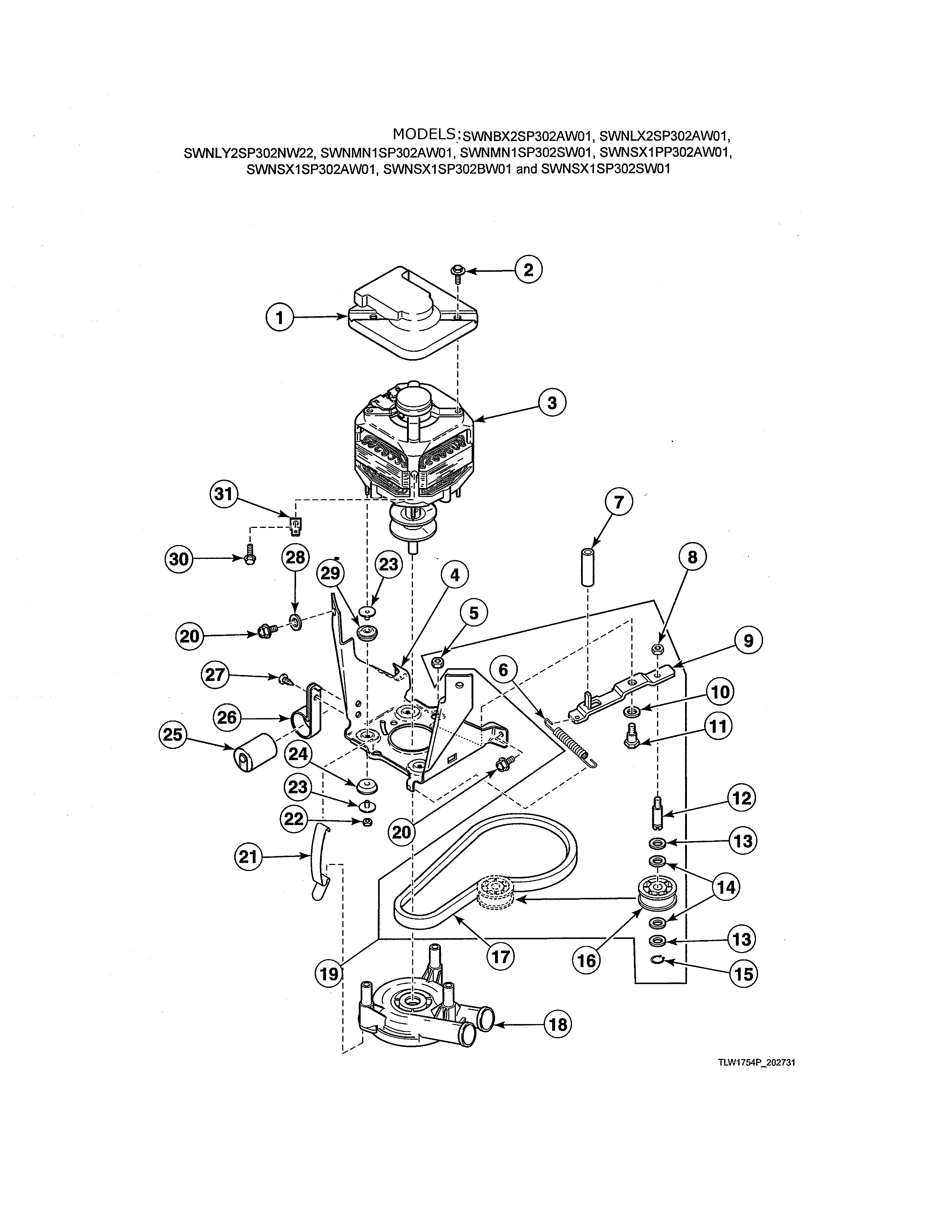 Alliance SWNLX1SP122DW01 motor/belt/pump/idler diagram