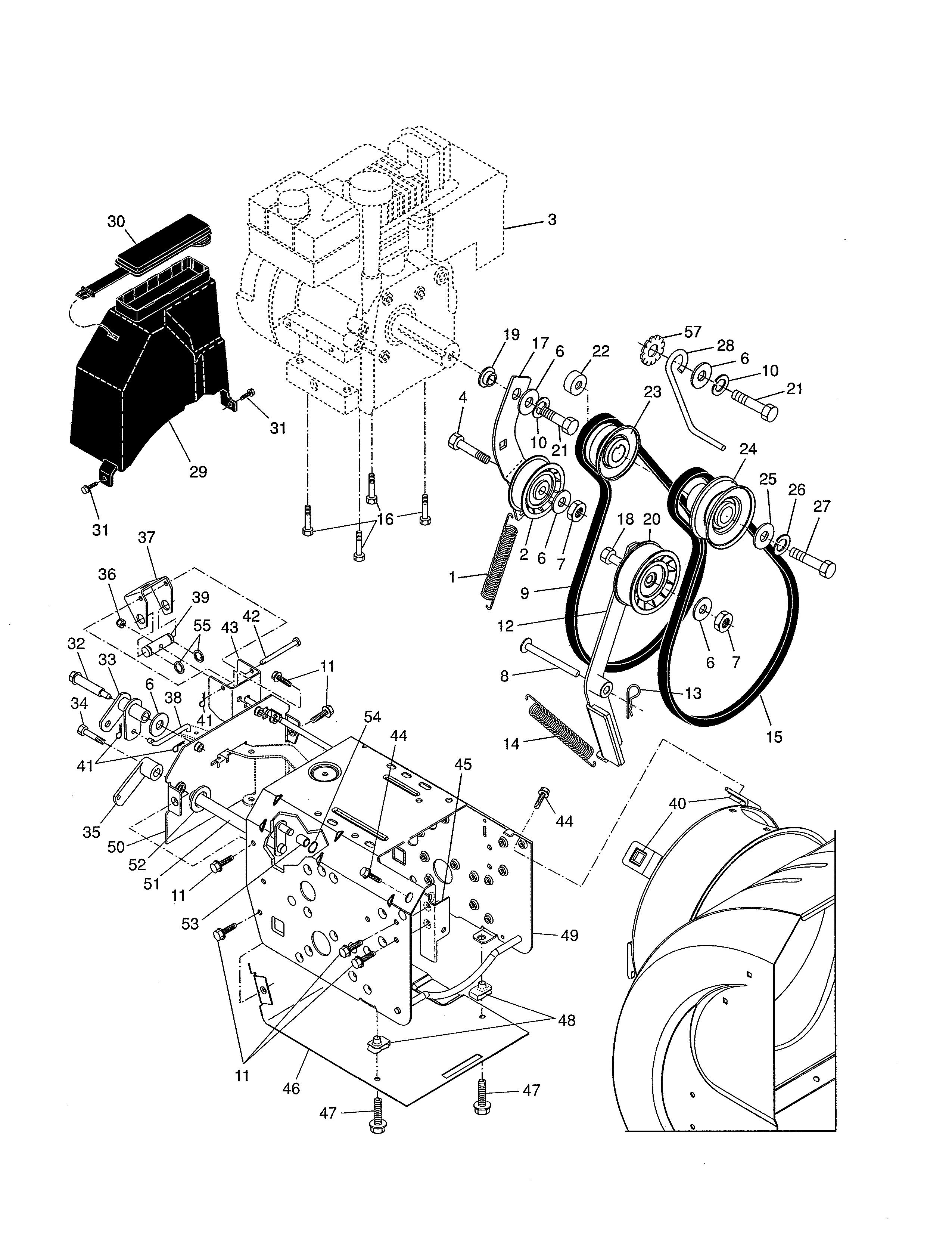 Poulan PR524-96192000100 chassis/engine/pulleys diagram