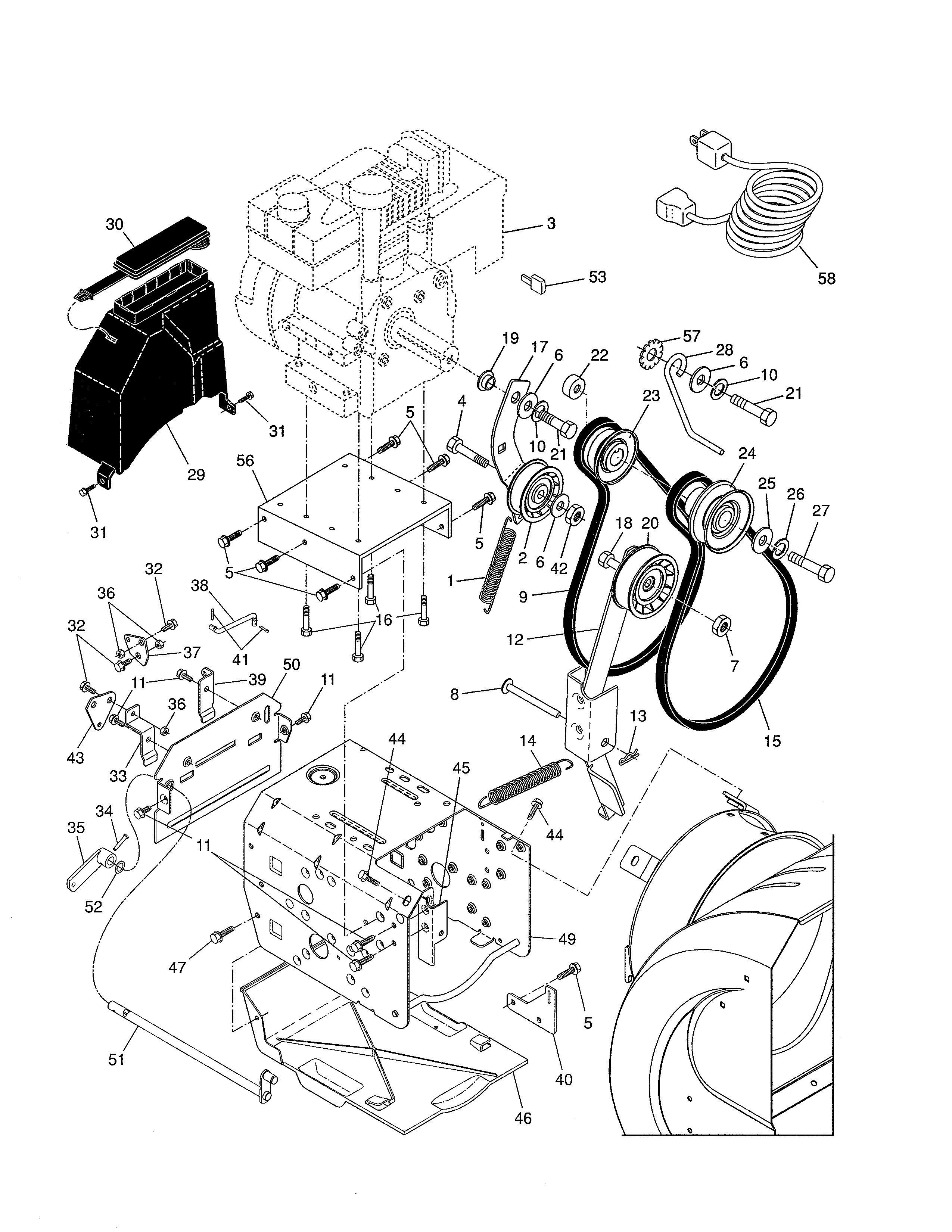 Poulan 96192001902 chassis/engine/pulleys diagram