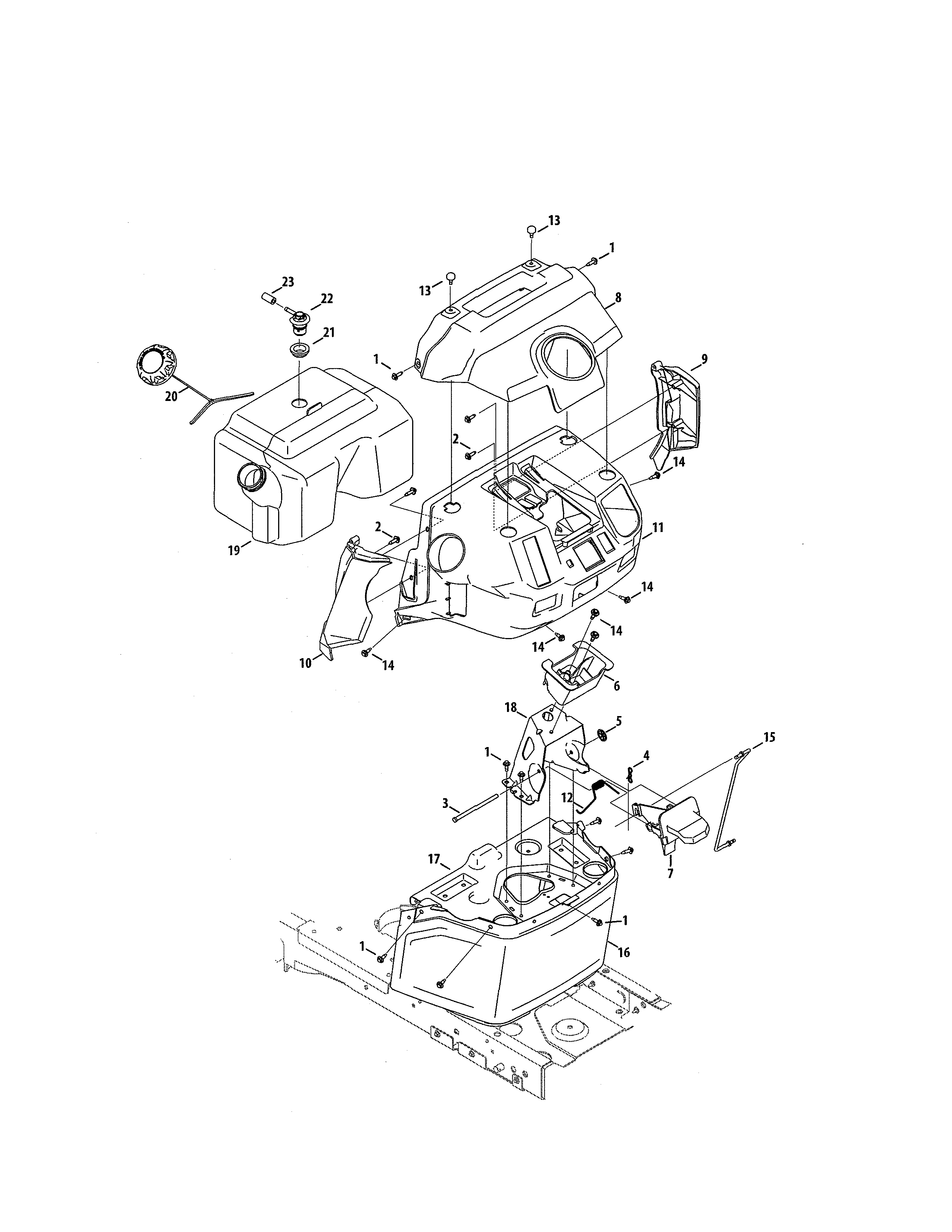MTD 14A7A3ZW099 fuel tank/dash diagram