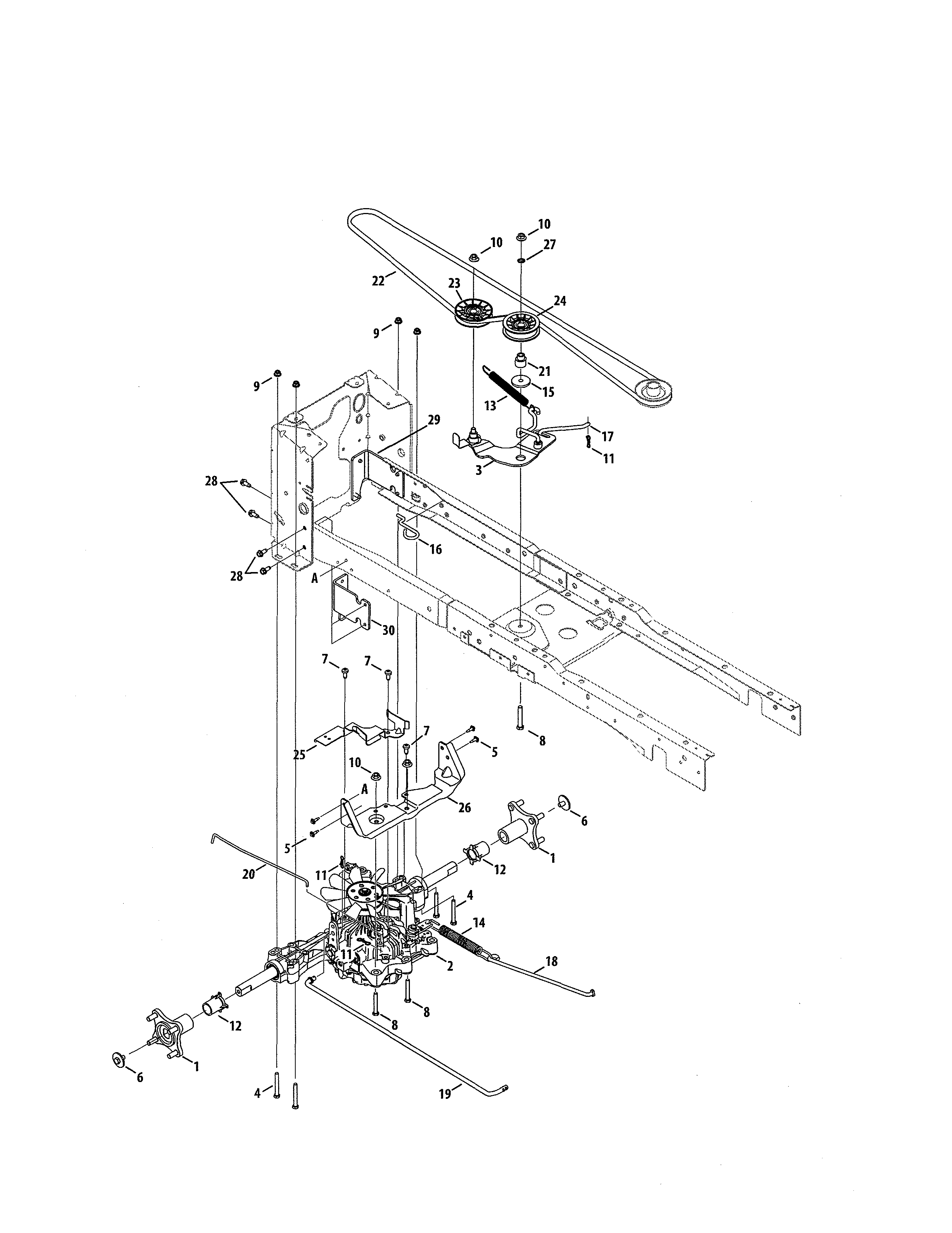 MTD 14A7A3ZW099 transmission/pulley diagram