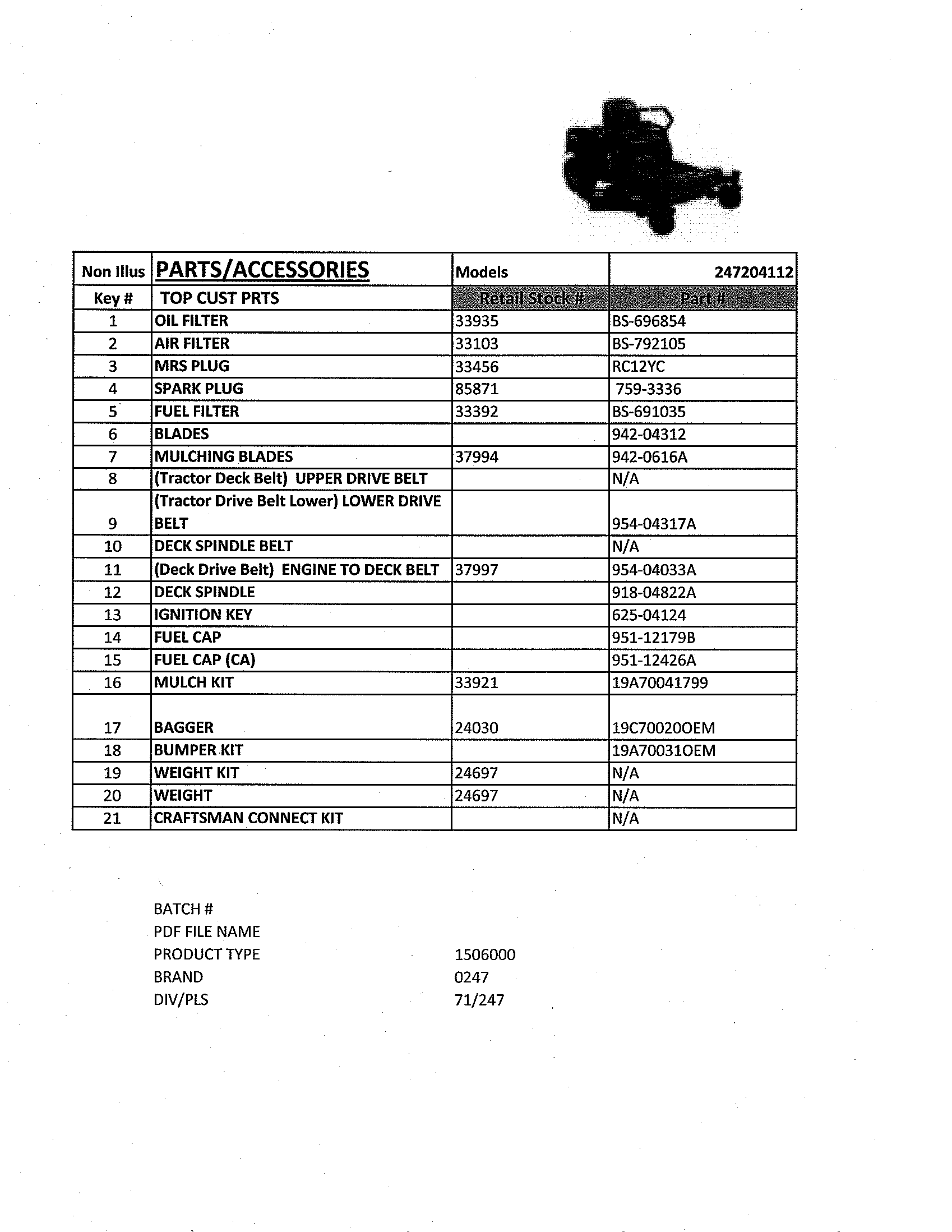 Craftsman 247204112 top customer parts diagram