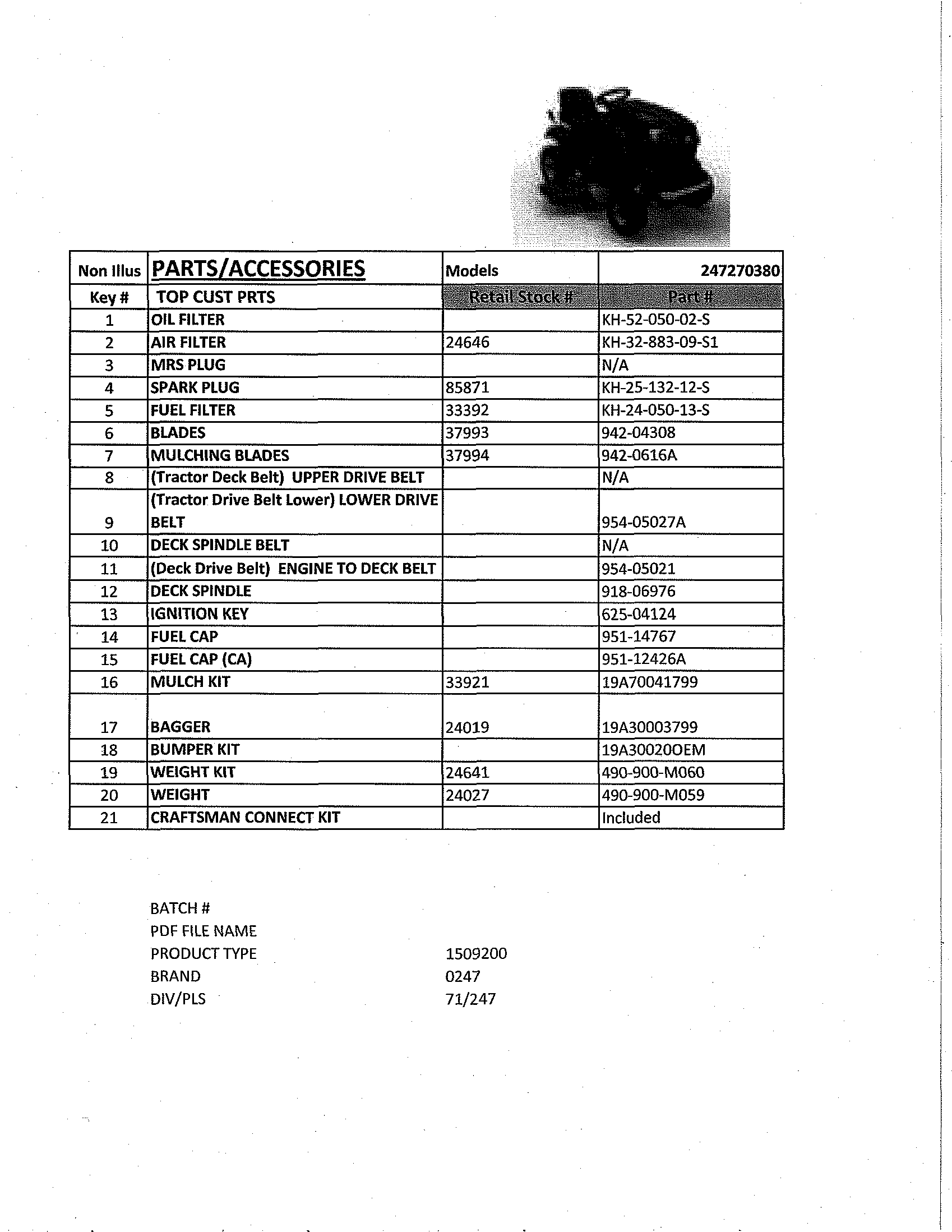 Craftsman 247270380 top customer parts diagram