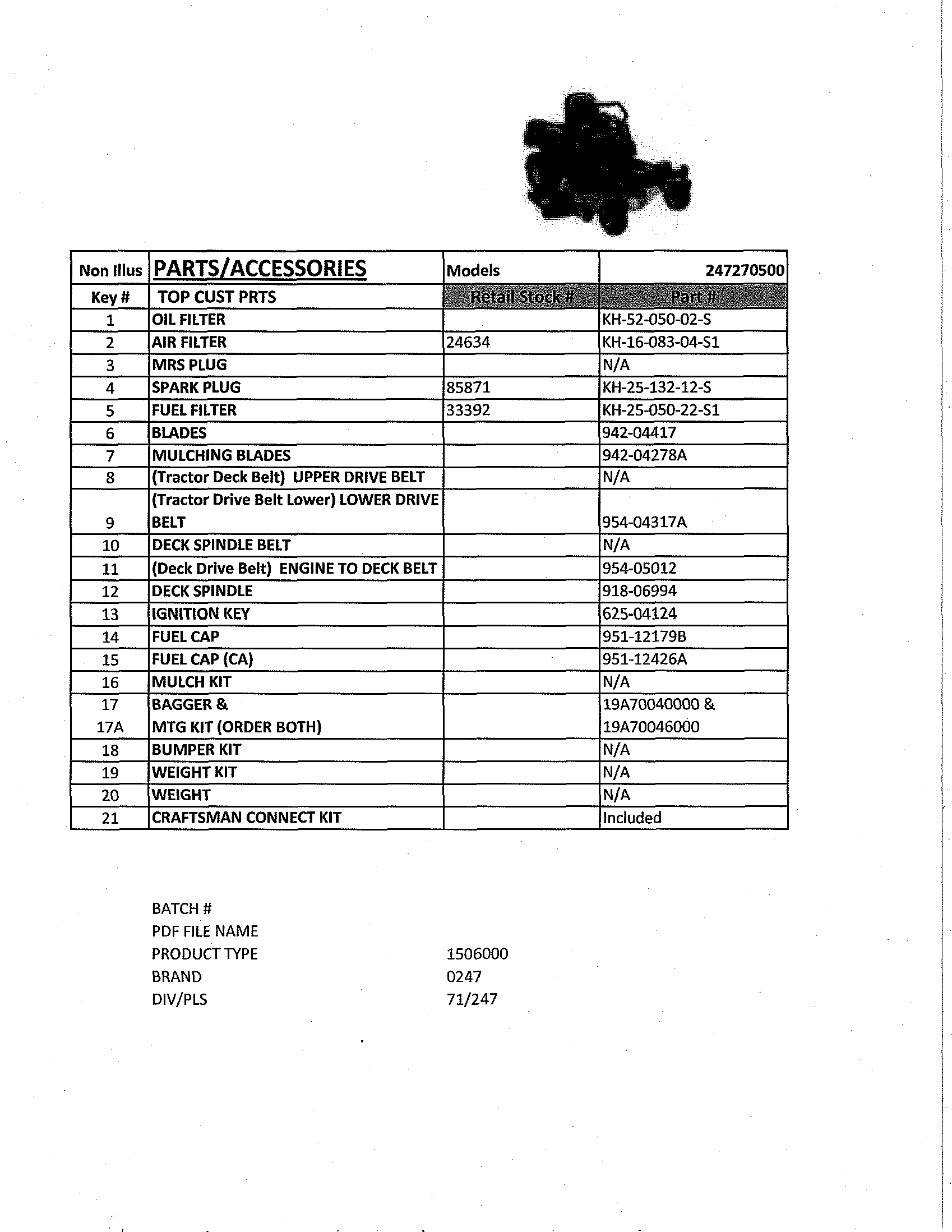 Craftsman 247270500 top customer parts diagram