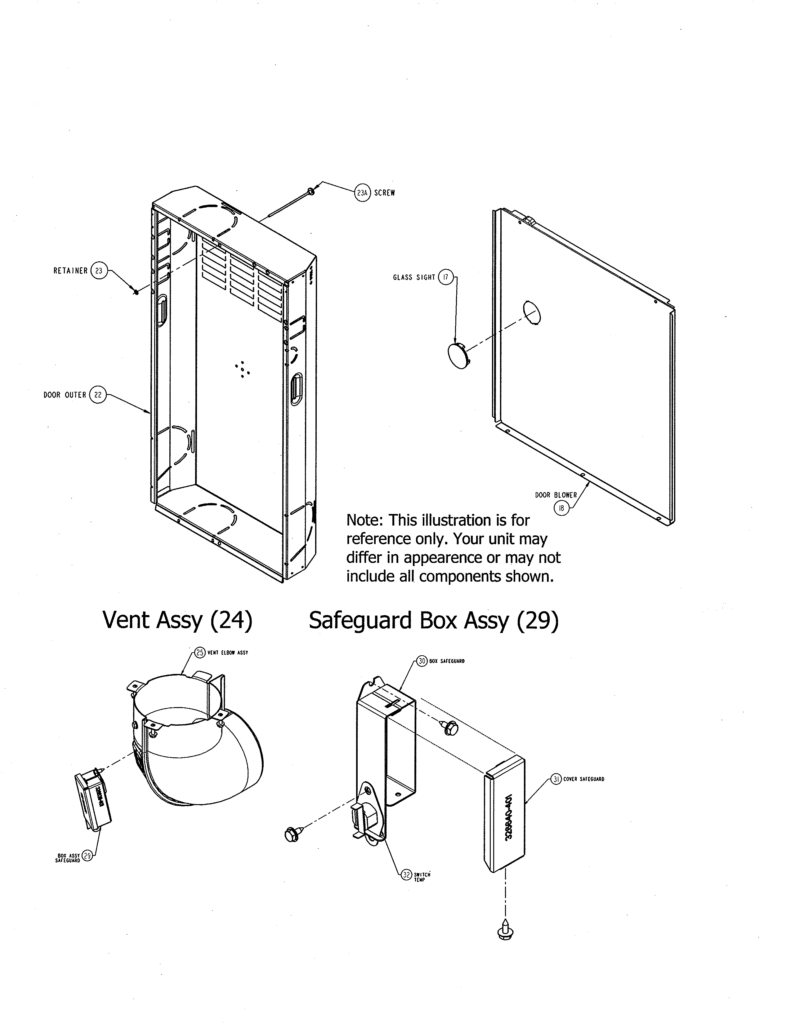 Carrier 58CVX110-11120 outer door/blower door/vent/safeguard box diagram