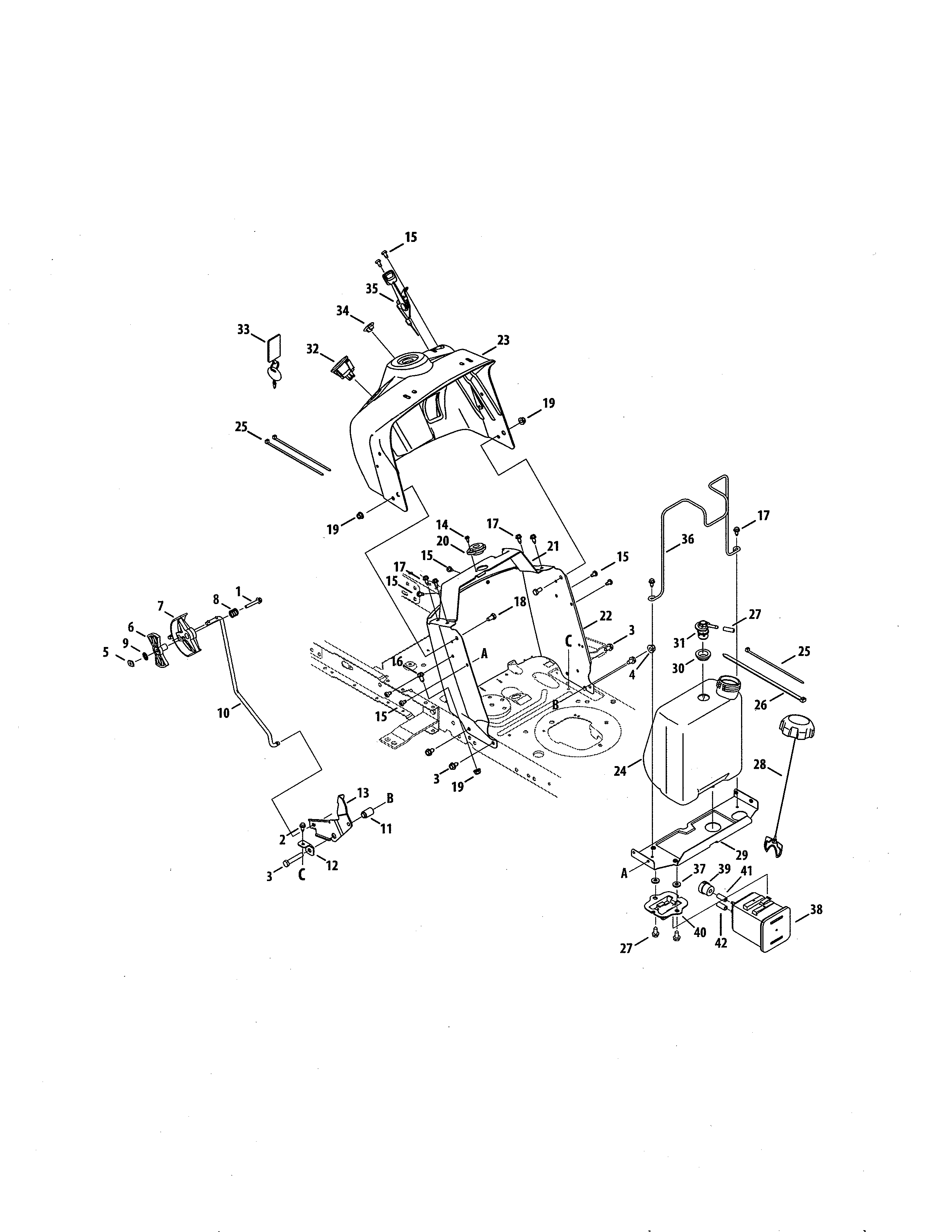MTD 13BL78XT299 upper dash panel/fuel tank diagram