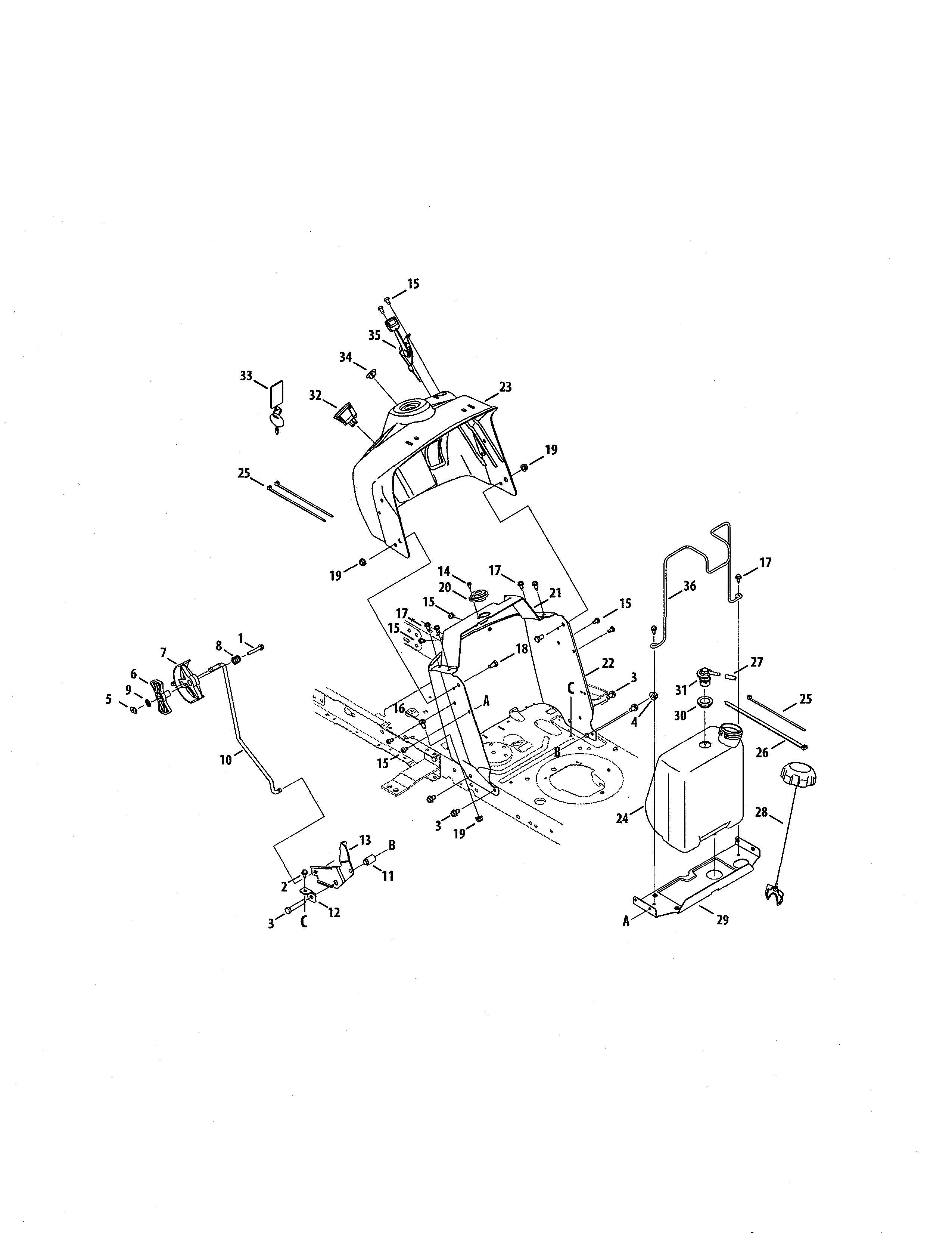 MTD 13BL78XT099 fuel tank/upper dash panel diagram