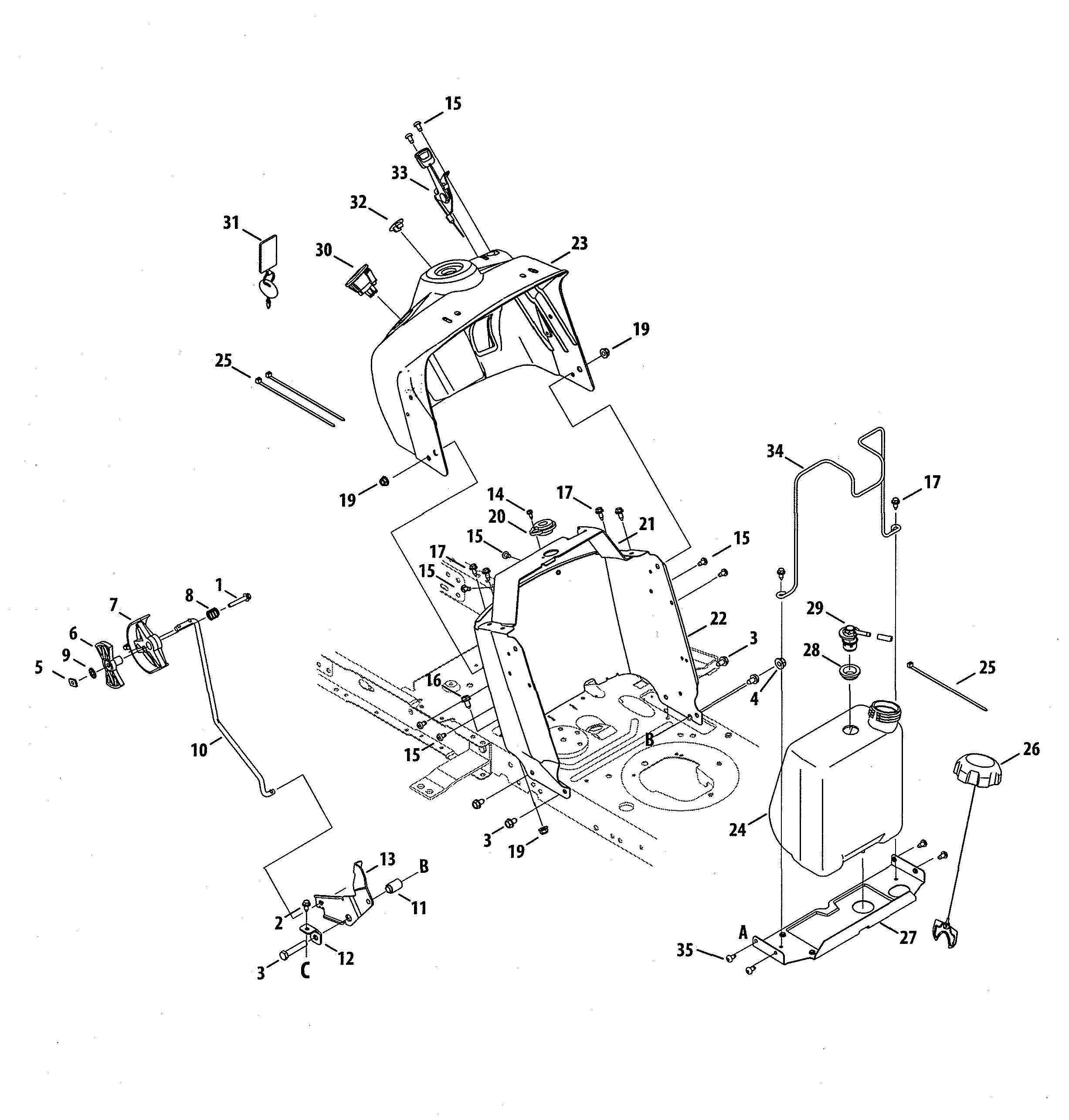 MTD 13A878XT299 upper dash panel/fuel tank diagram