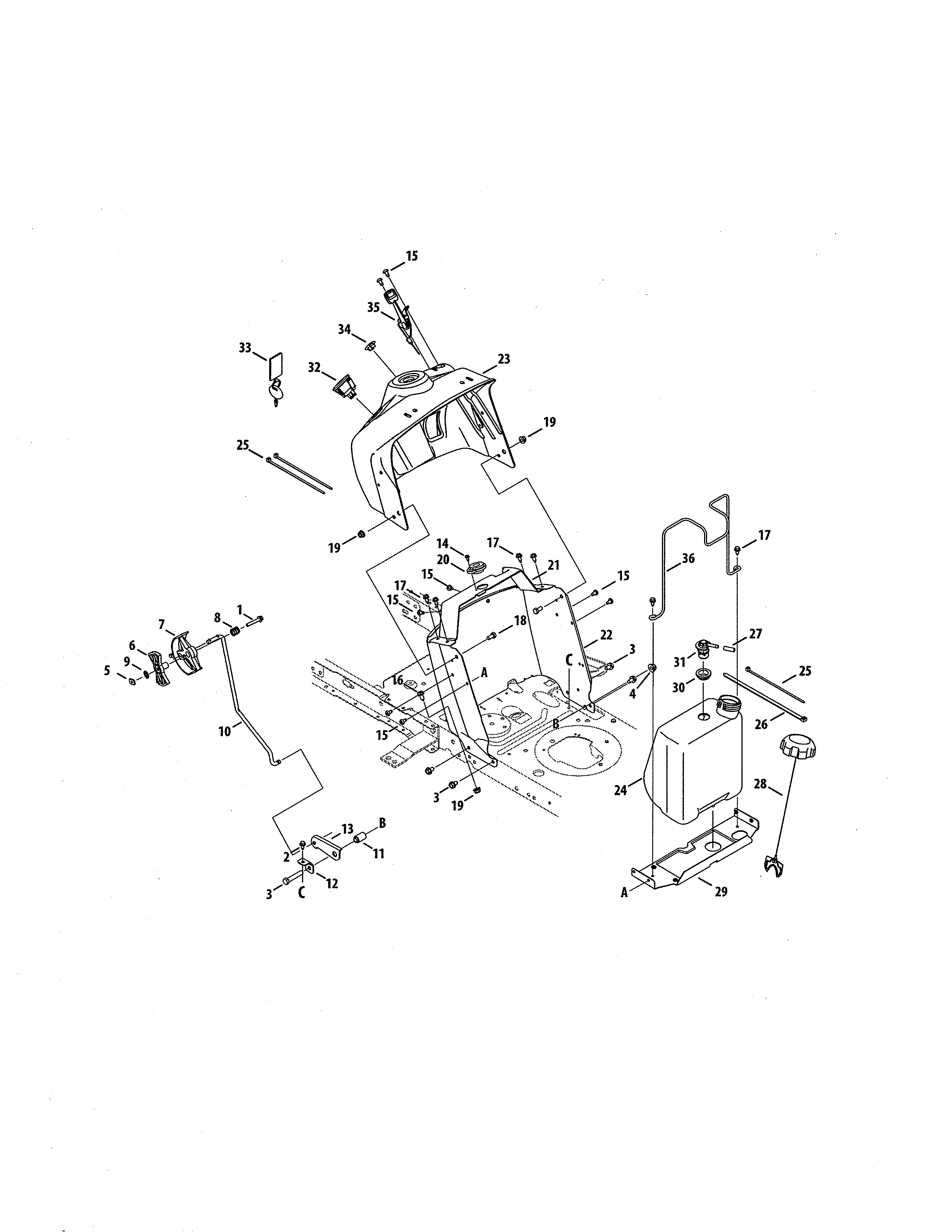 MTD 13A878XS099 fuel tank/upper dash panel diagram