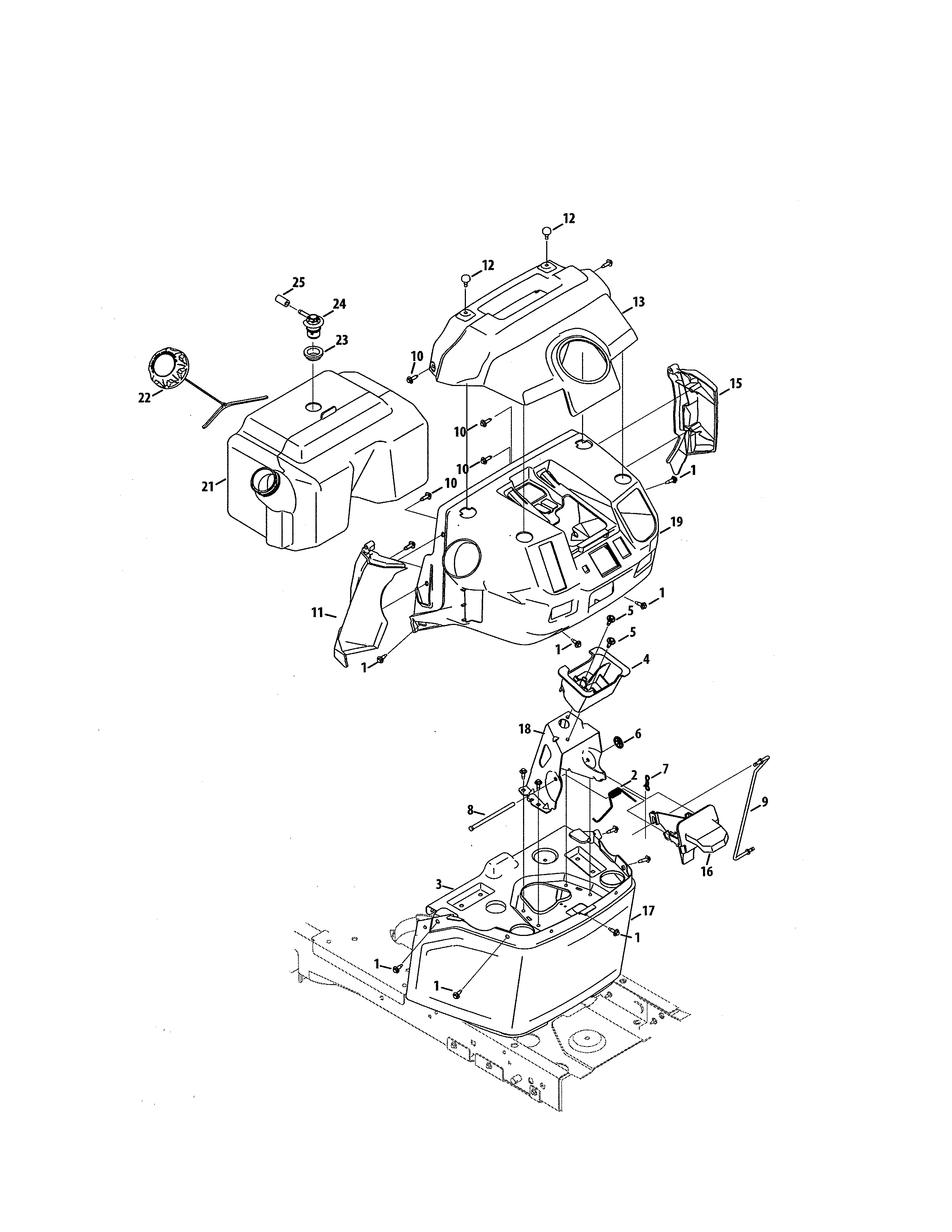 MTD 13ATA1ZT099 fuel tank/upper dash diagram