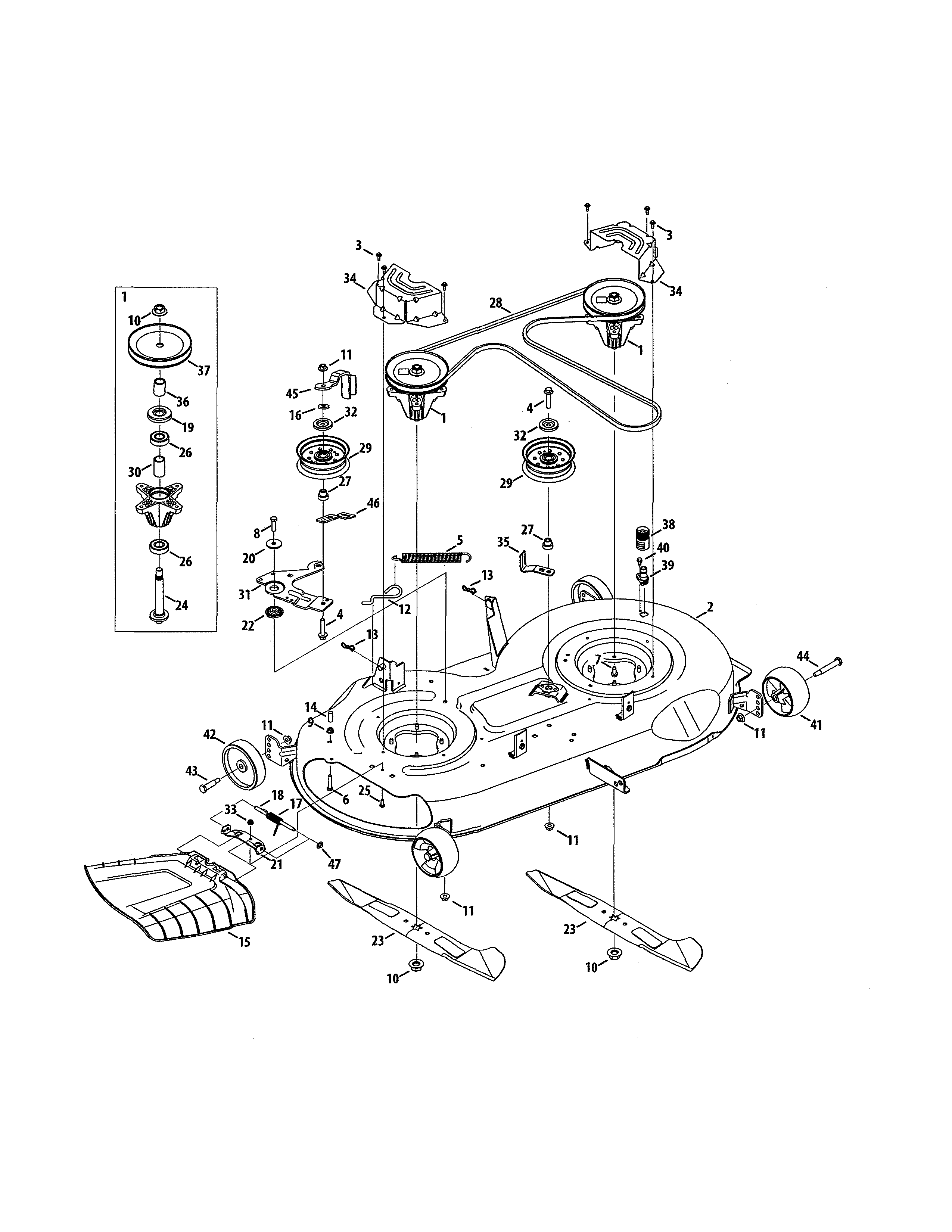 MTD 13ATA1ZT099 mower deck/spindle pulley diagram