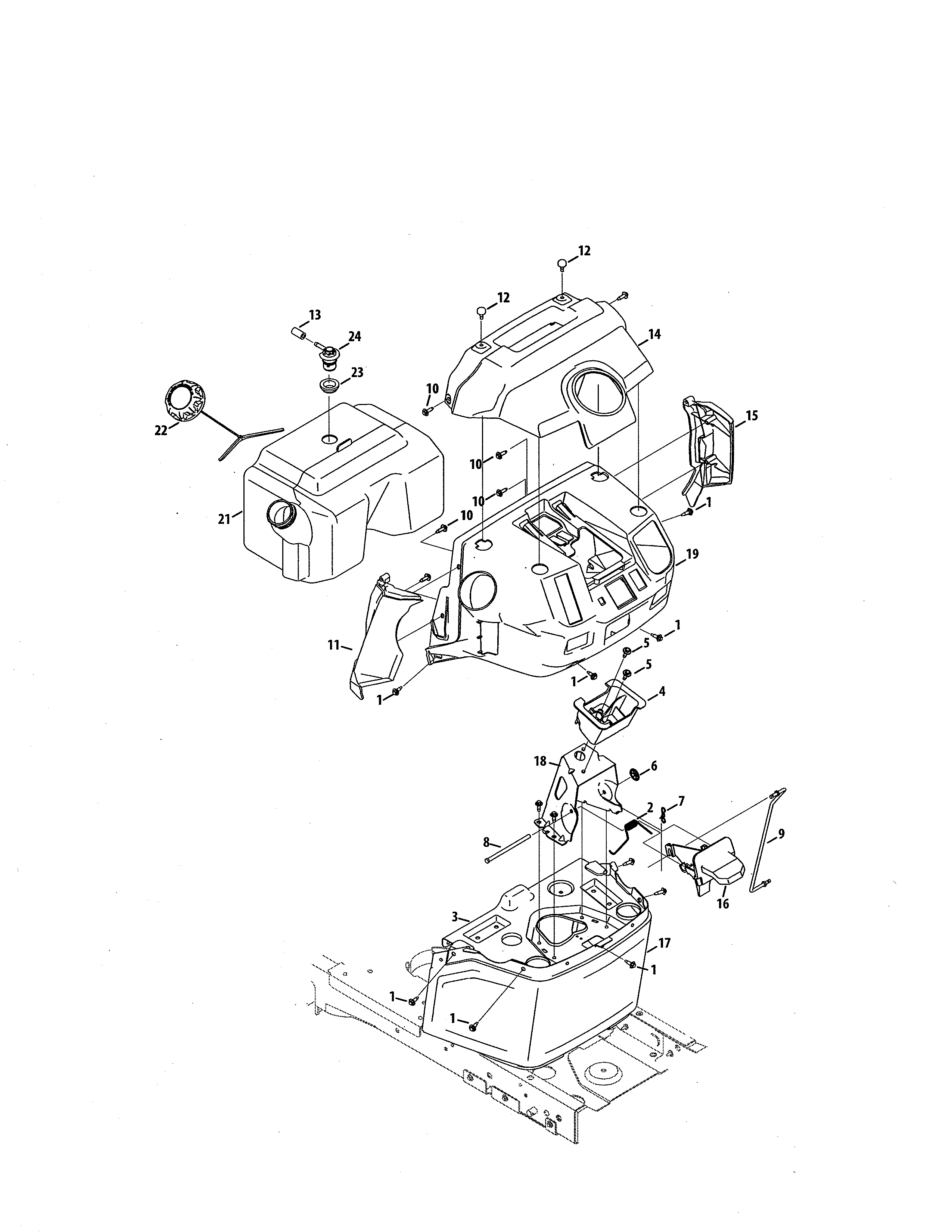 MTD 13AJA1ZS099 fuel tank/upper dash diagram