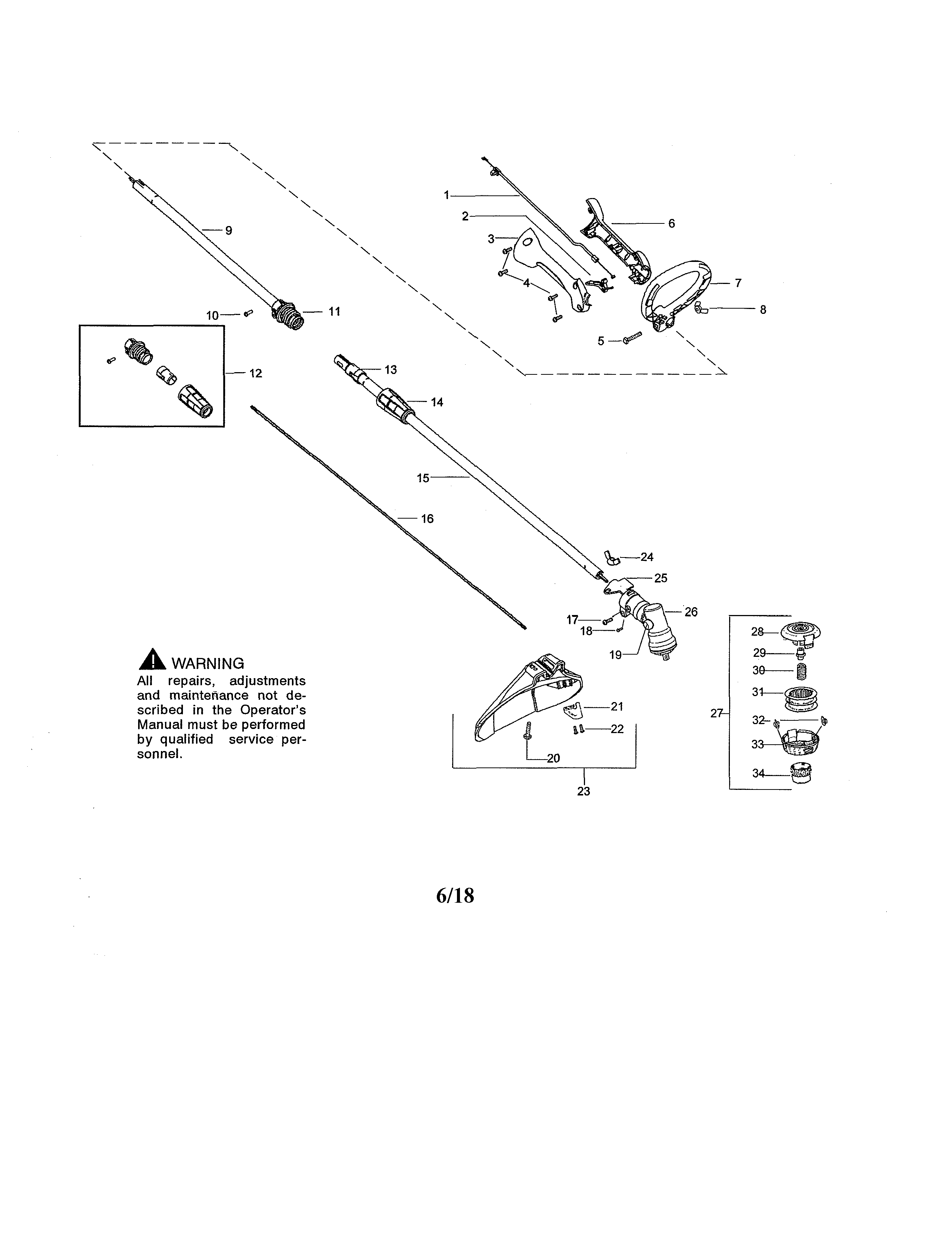 Weed Eater W25SBK shaft/shield/handle diagram