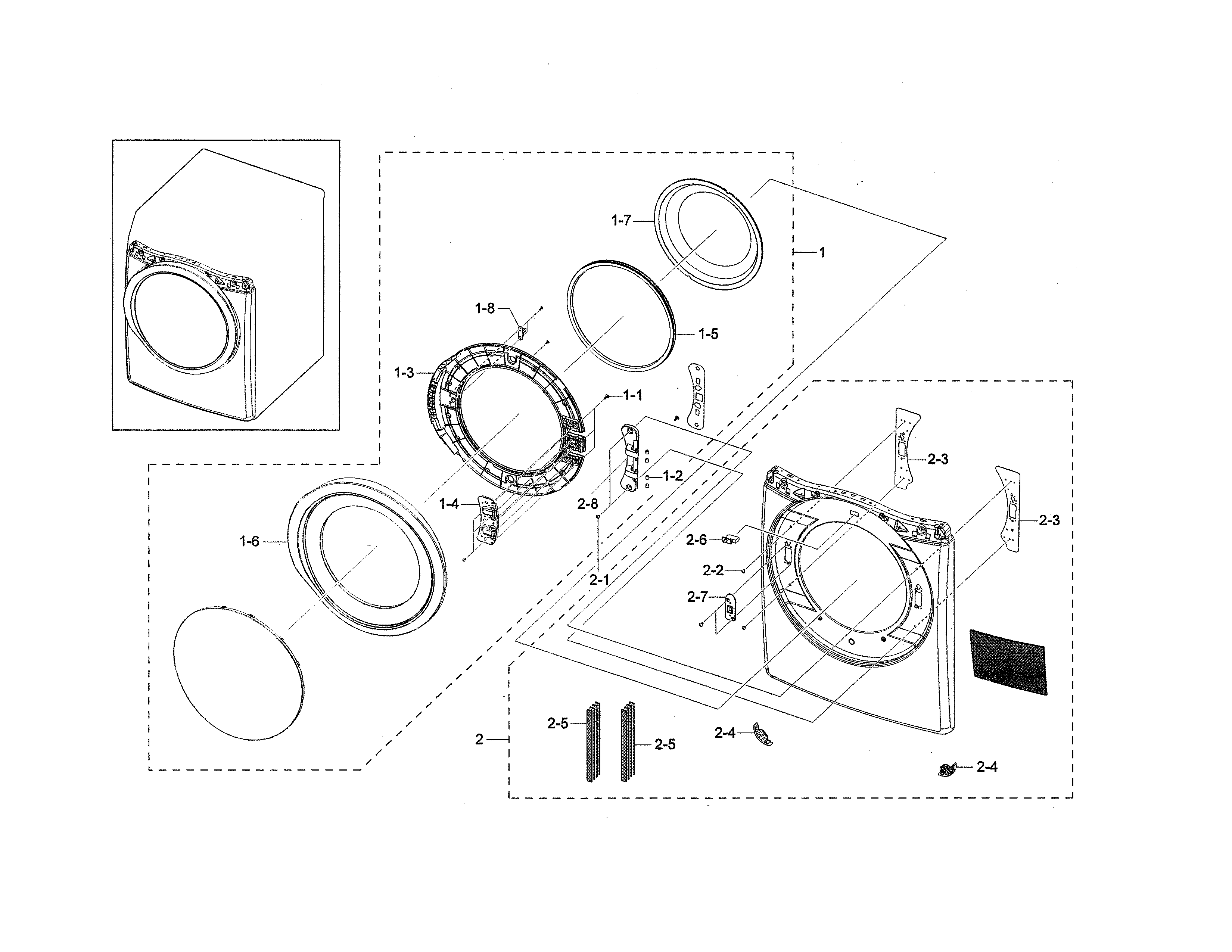 Samsung DVE45N5300F/A3-00 front frame/door diagram
