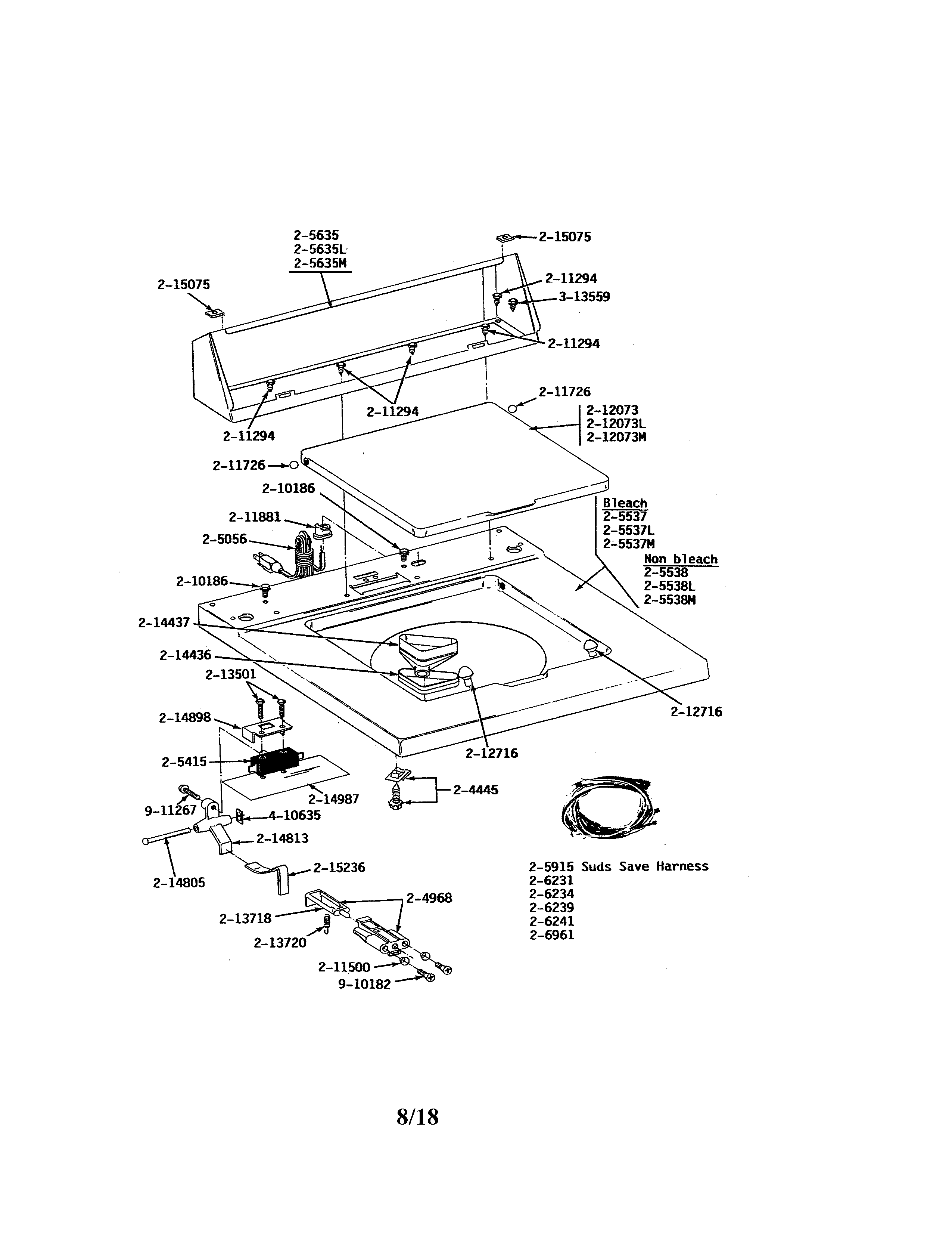 Maytag A612 top cover/console/lid switch (prior to series 11) diagram