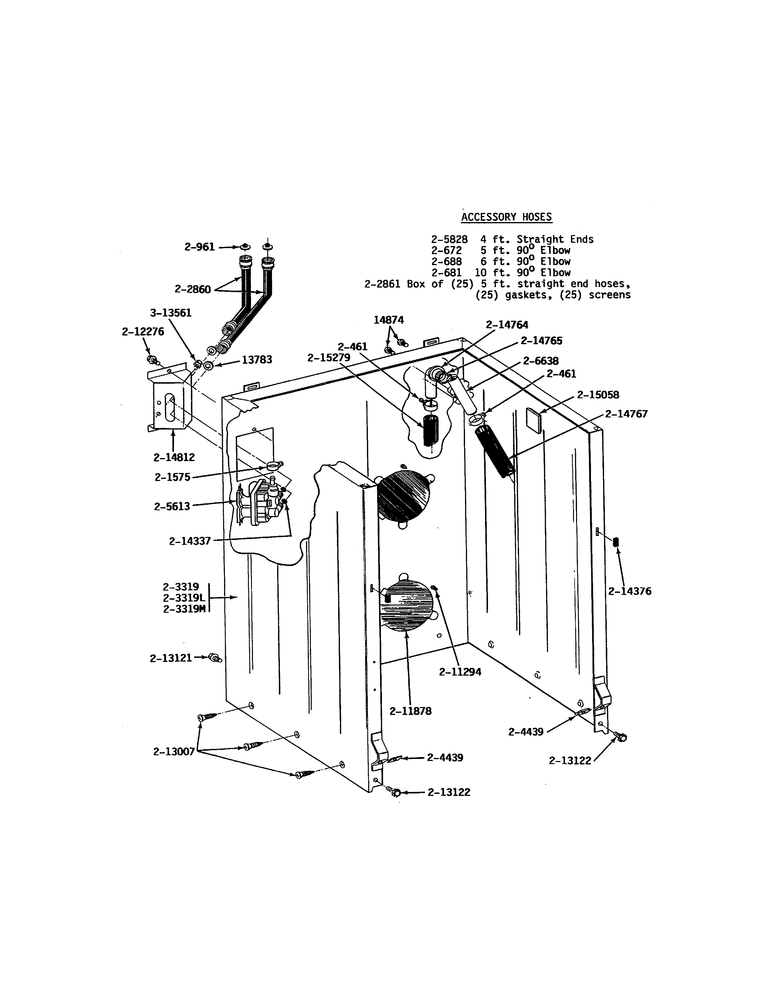 Maytag A612 cabinet/water valve/hoses/front panel diagram
