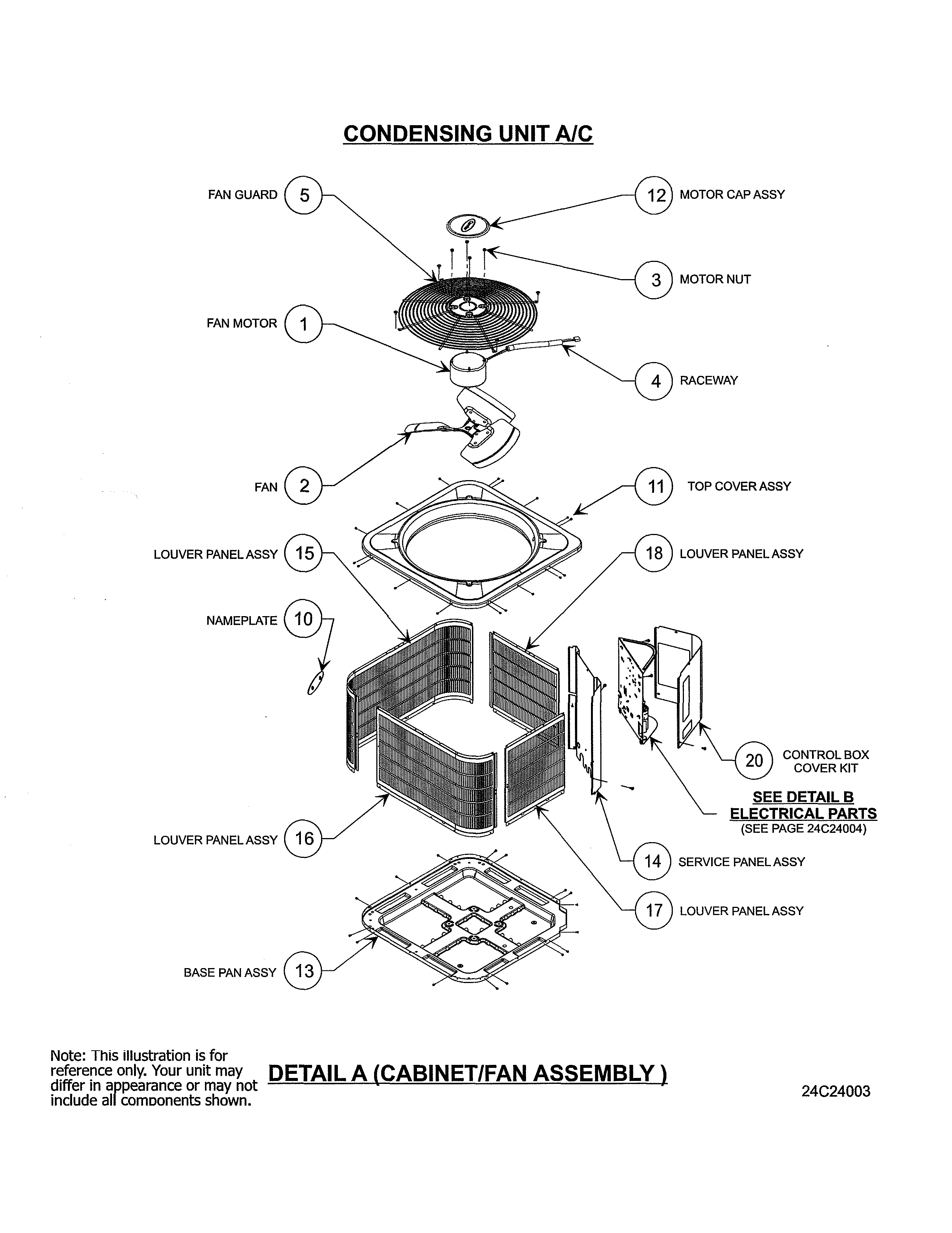 Carrier 24ANB736A0031030 cabinet/fan assembly diagram