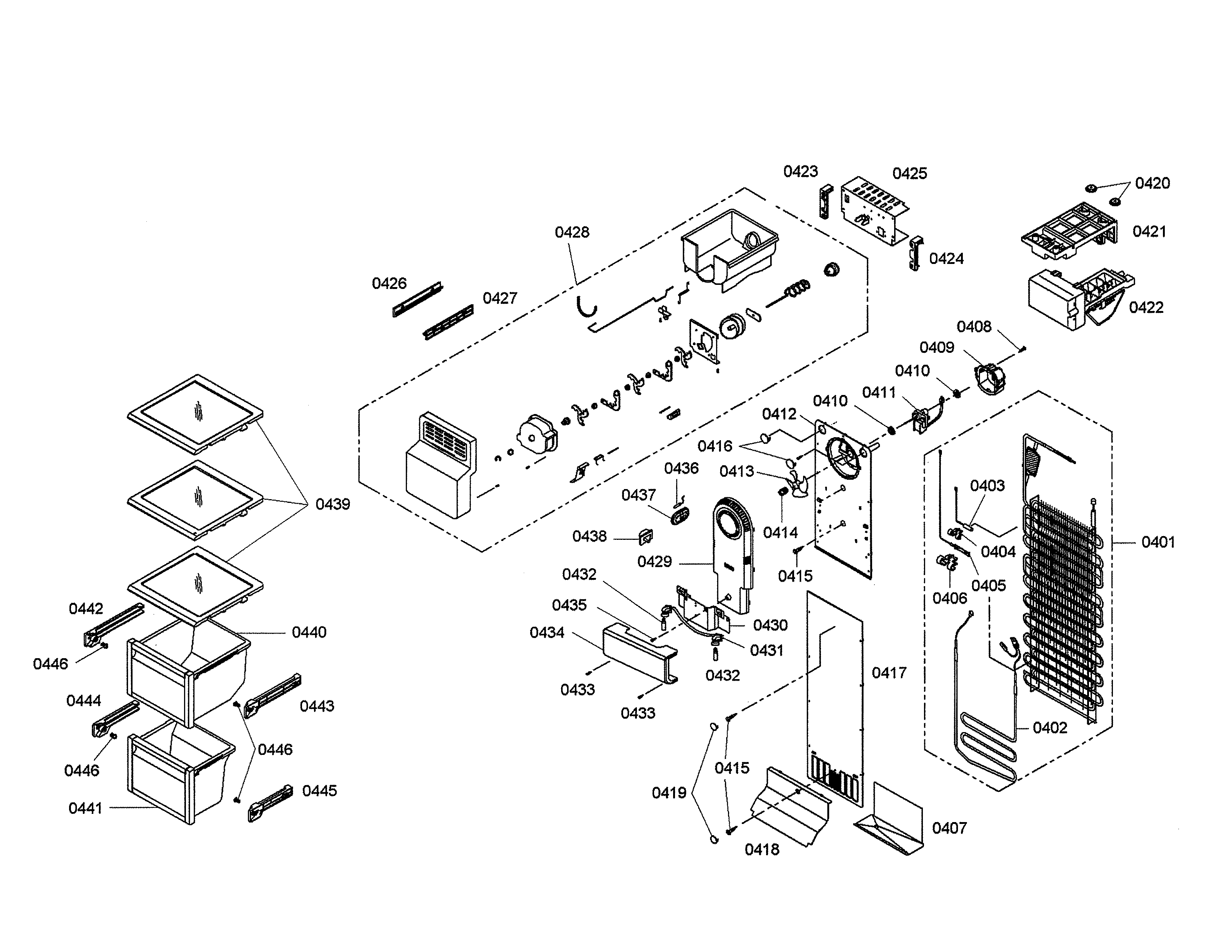 Bosch B20CS50SNS/02 evaporator/ice maker/drawers diagram