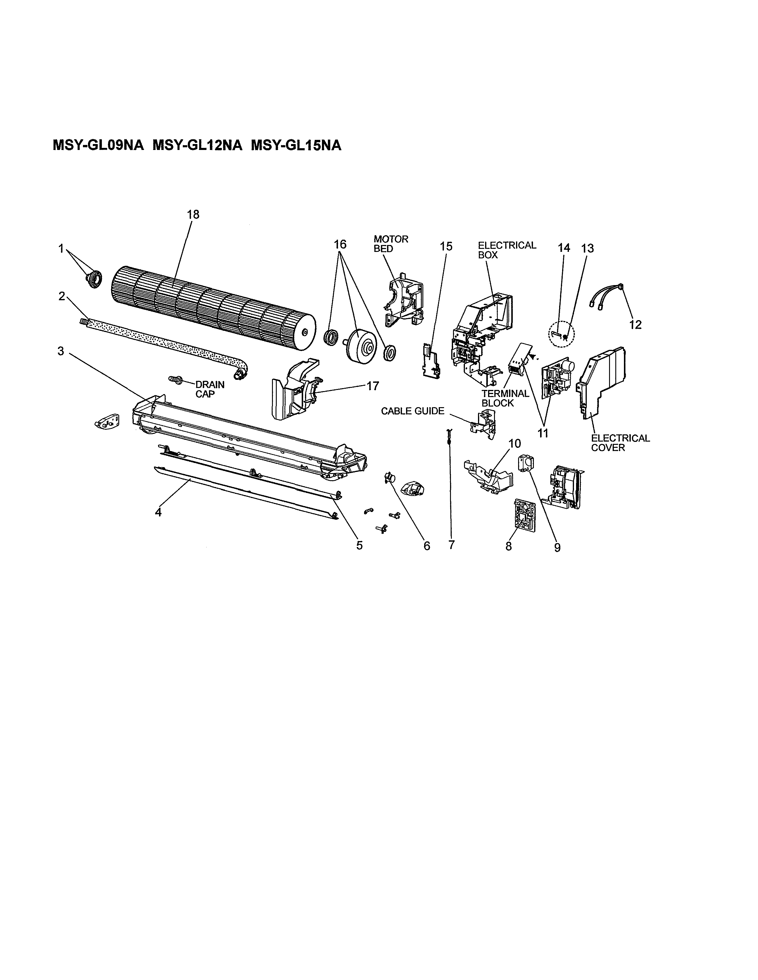 Mitsubishi MSY-GL15NA-U1 indoor electrical unit/functional parts diagram