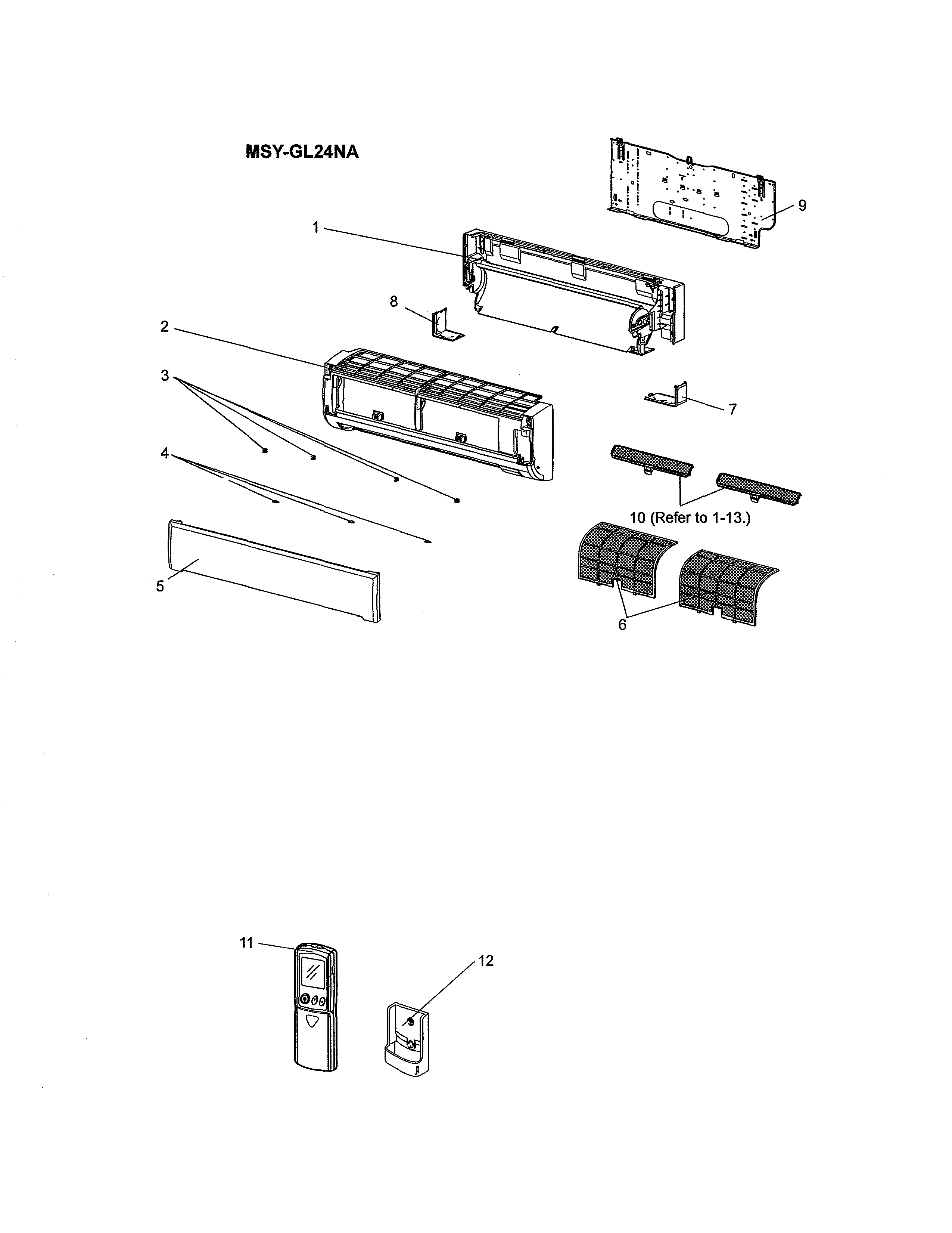 Mitsubishi MSY-GL15NA-U1 indoor unit structural parts/accessory/remote diagram